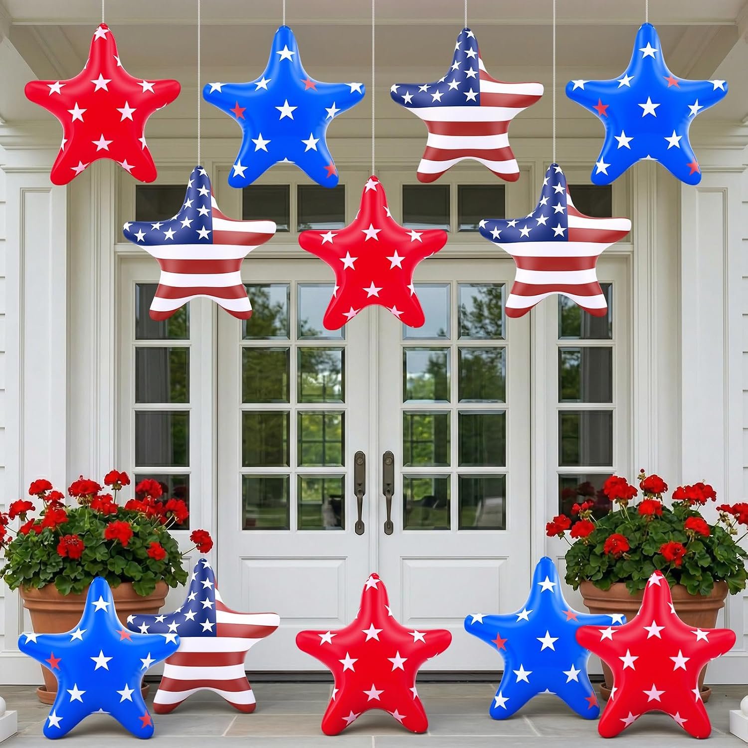 12 Pcs Large 16″ 4th of July Inflatables Outdoor Inflatable Stars Decorations, Patriotic Star Hanging Ornaments, White Red Blue 250th Anniversary PVC Blow up Independence Day Decor (Mixed)