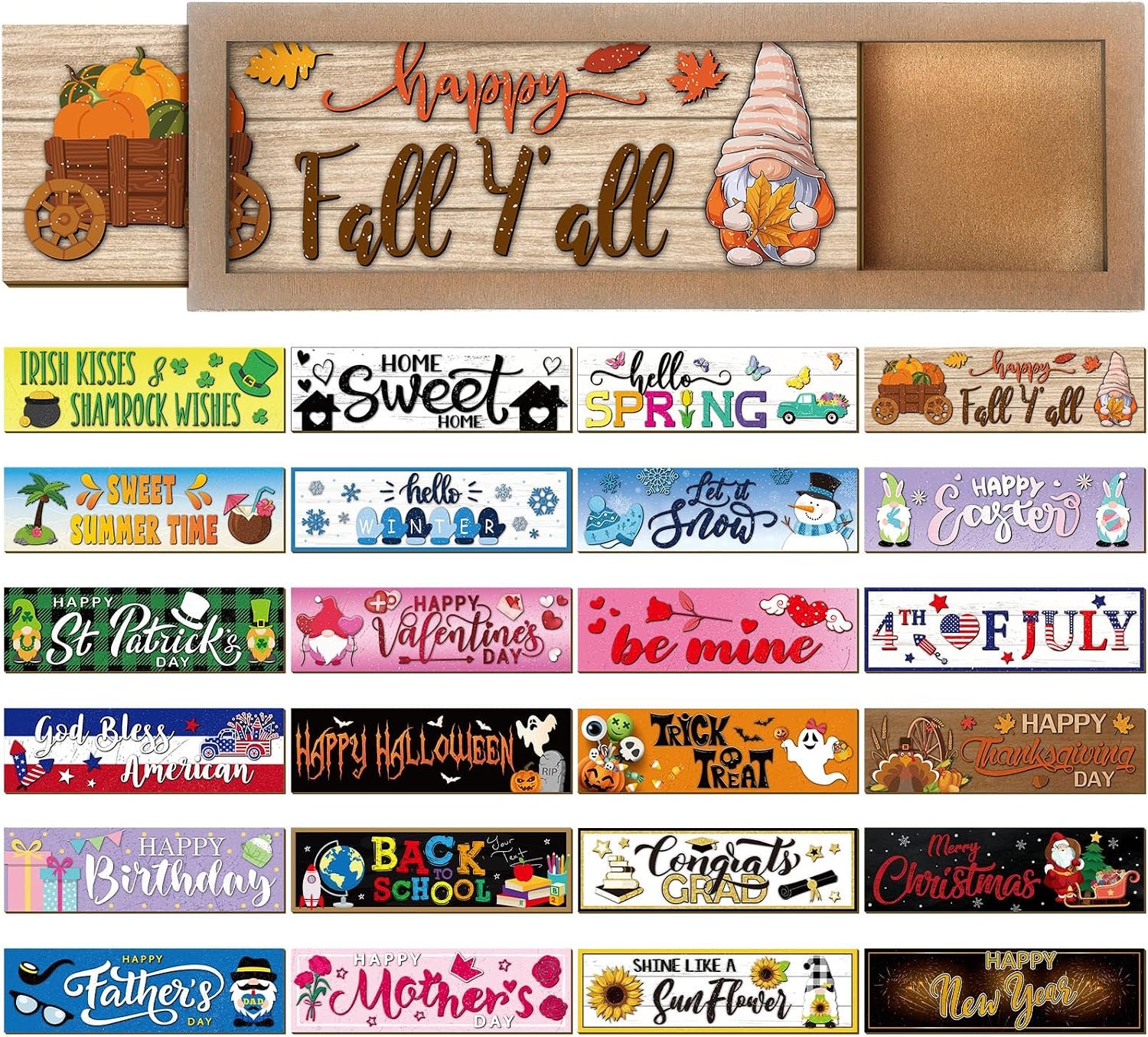 Barydat 25 Pcs Fall Decorations for Home Interchangeable Seasonal Wood Sign with Frame Farmhouse Convertible Holiday Table Centerpiece for Fall Harvest Thanksgiving Halloween Christmas Decor (Retro)