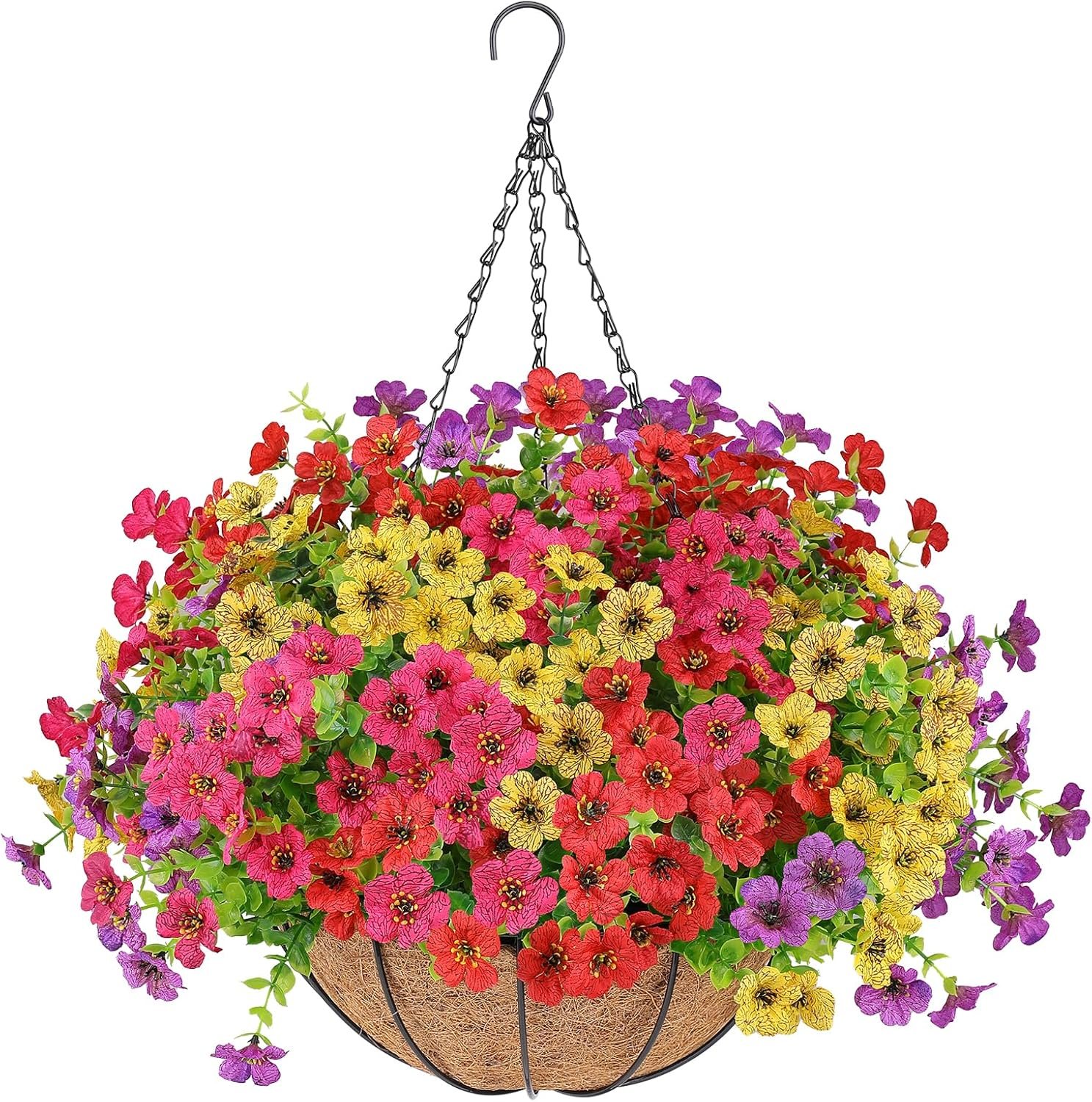 Artificial Flowers Hanging Plants in Basket,Artificial Hanging Flowers for Outdoor Indoor Decor,UV Resistant hanging Baskets with Fake Flowers for Spring Summer Patio Garden Porch Deck Home Decor