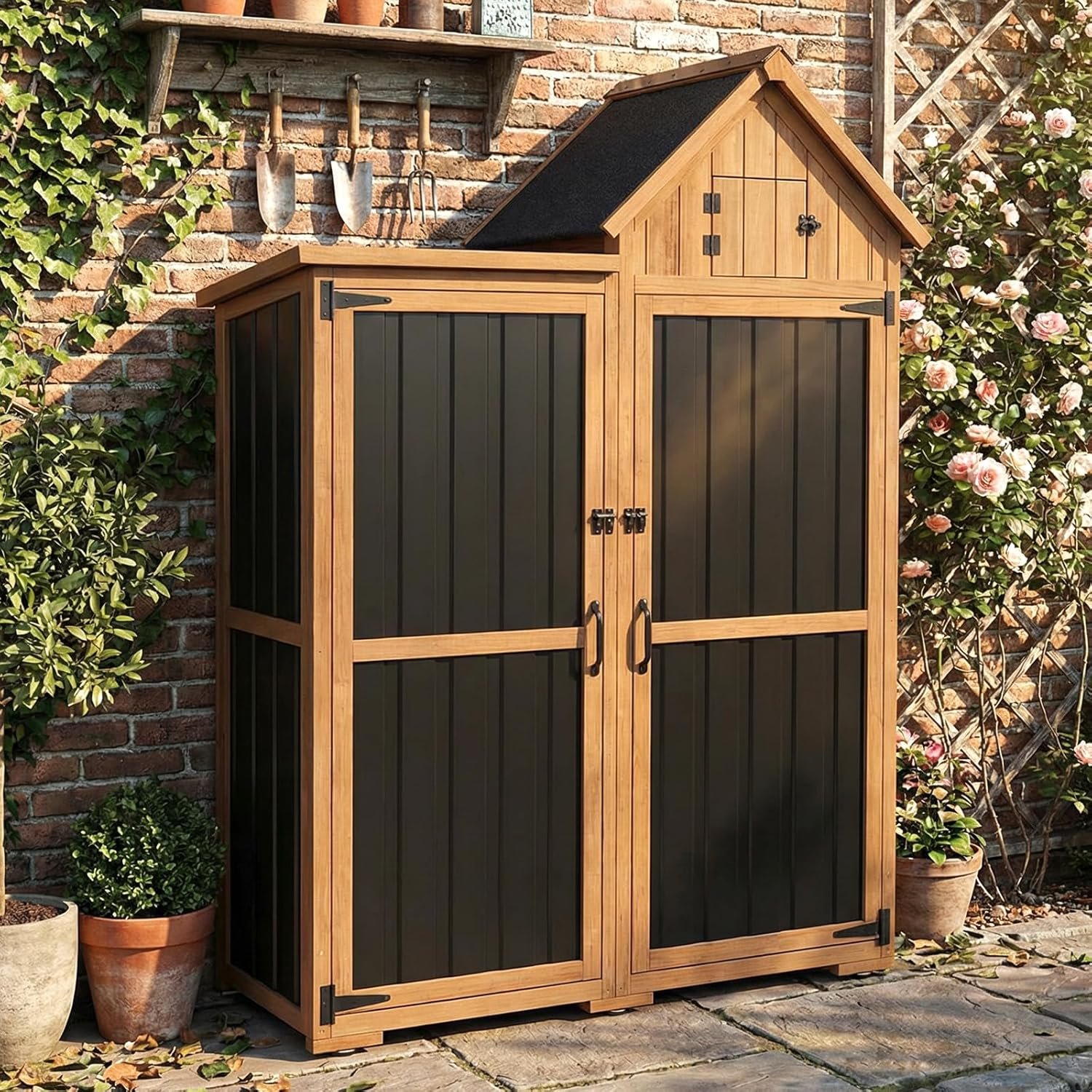 Outdoor Storage Cabinet Weatherproof with 3 Adjustable Shelves, 66” H Wood & Metal Storage Shed with Lockable Doors & Waterproof Roof, Outside Garden Tool Sheds, Brown