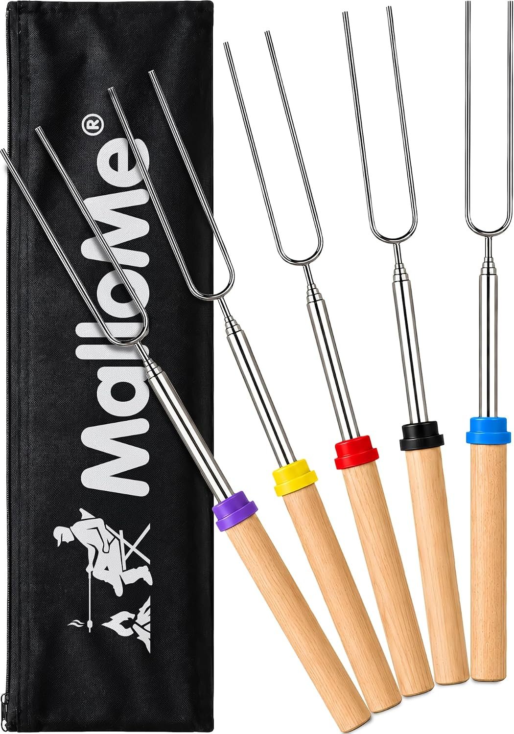 MalloMe Smores Sticks for Fire Pit Long – Marshmallow Roasting Sticks Smores Kit – Smore Skewers Hot Dog Fork Campfire Cooking Equipment, Camping Essentials S’mores Gear Outdoor Accessories 32″ 5 Pack