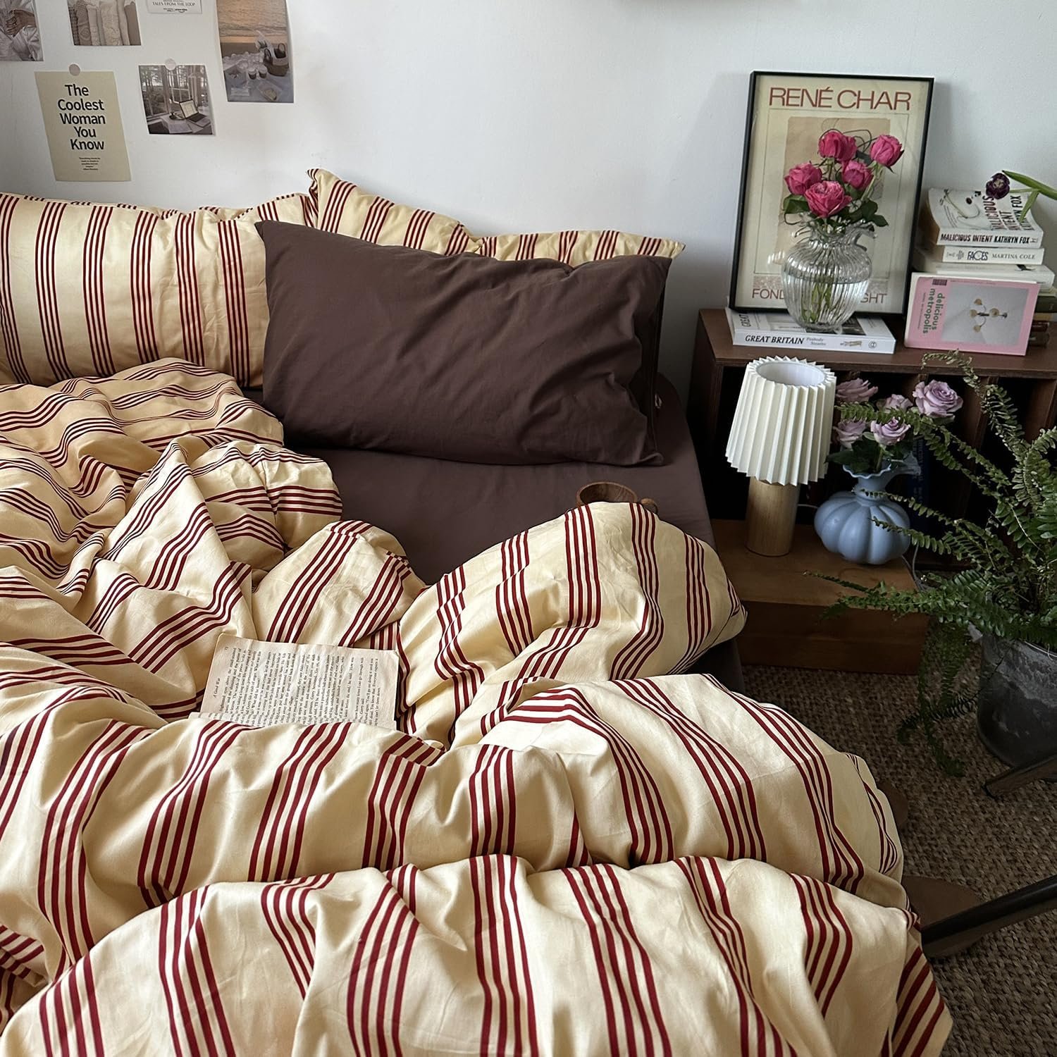mixinni Retro Striped Duvet Cover Set Queen – 100% Natural Cotton 3-Piece Vintage Red Stripes Pattern Printed Bedding Set, Soft Breathable Comforter Cover with Zipper Closure & Corner Ties, Queen Size