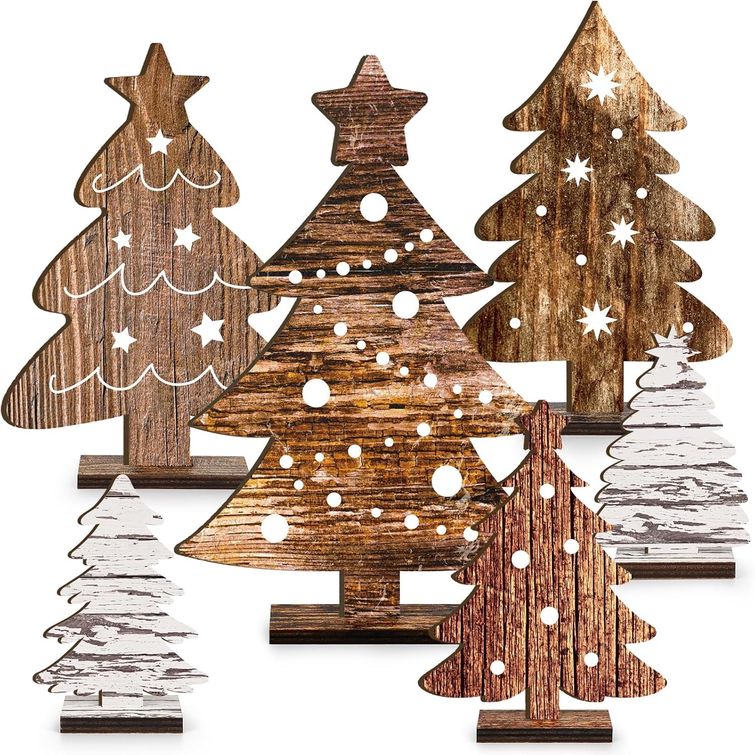 6 Pcs Wooden Christmas Tree Tabletop Decor,6 Sizes Freestanding Wooden Xmas Tree Decorations,Rustic Christmas Tiered Tray Centerpieces Signs for Indoor Holiday Home Decor