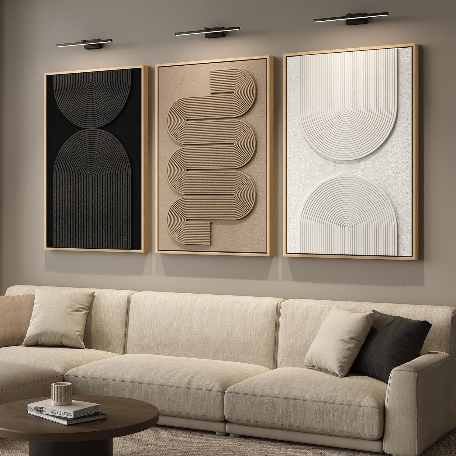Large 3D Textured Framed Boho Modern Neutral Abstract Wall Art for Living Room, 3 Piece Black White Brown Paintings Artwork for Walls, Geometric Pictures for Office Bedroom Dining Room Decor, 24×36 In
