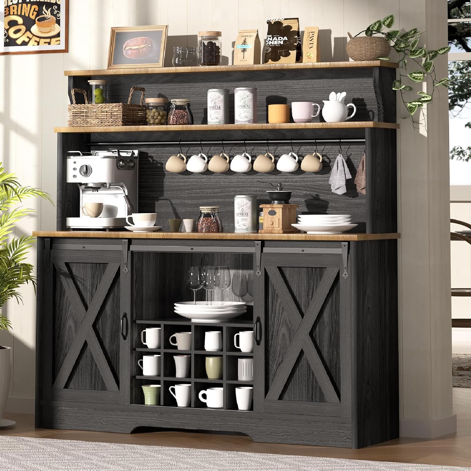 BestHaped 55” Farmhouse Coffee Bar Cabinet with 3 Tier Storage Hutch, Coffee Bar Station with Sliding Barn Door, Hutch Storage Cabinet with 12 Wine Racks & 9 Hooks for Kitchen Dining Living Room