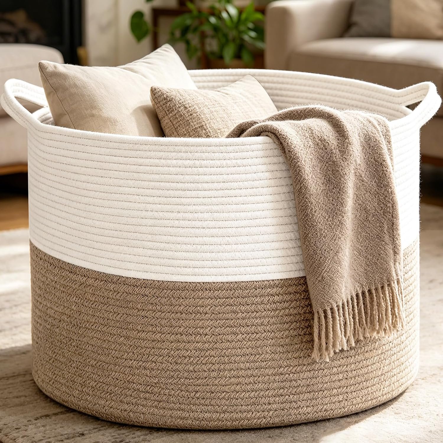Large Woven Blanket Basket,65L Cotton Rope Laundry Basket Hamper with Handles, Decorative Nursery Basket Storage Bin for Toys, Clothes Organizer, Living Room, Bedroom, Bathroom, White & Brown