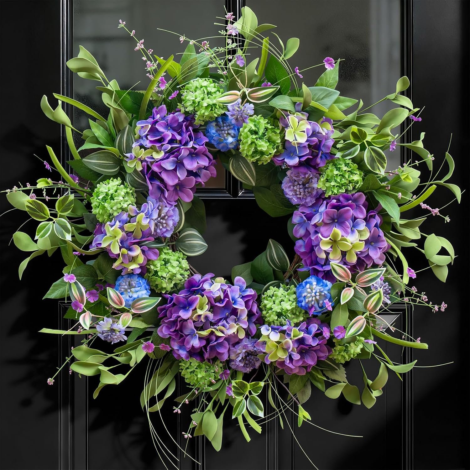 24 Inch Spring Wreath for Front Door, Artificial Hydrangea and Thistle Flowers, Spring and Summer Door Wreath with Lush Greenery, Summer Wreath for Indoor Outdoor Decor