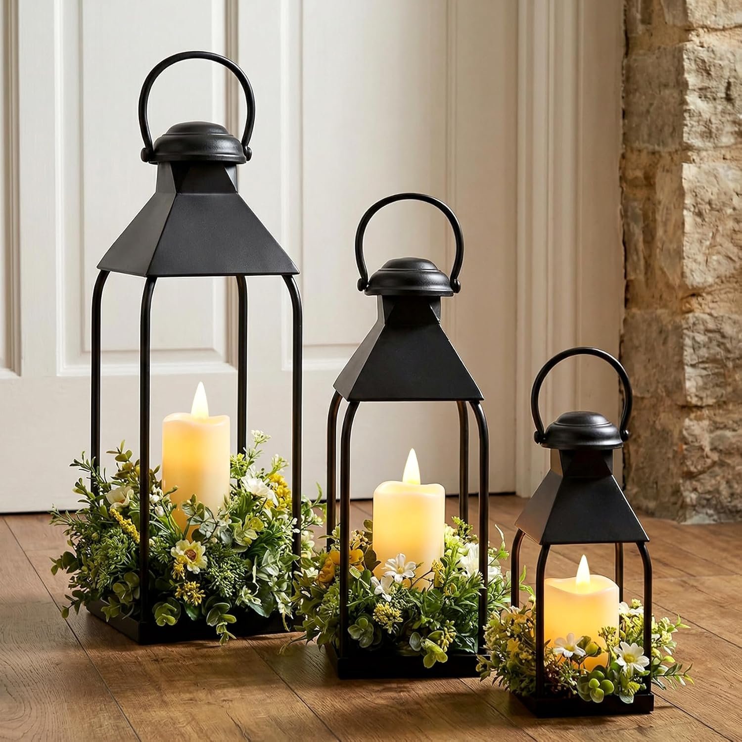 Decorative Metal Lanterns Indoor Outdoor, Set of 3 Farmhouse Lantern Holders Without Candles for Porch, Patio, Fireplace, Floor, Wedding & Holiday Table Centerpiece (Black, 20″ 15.7″ 12″)