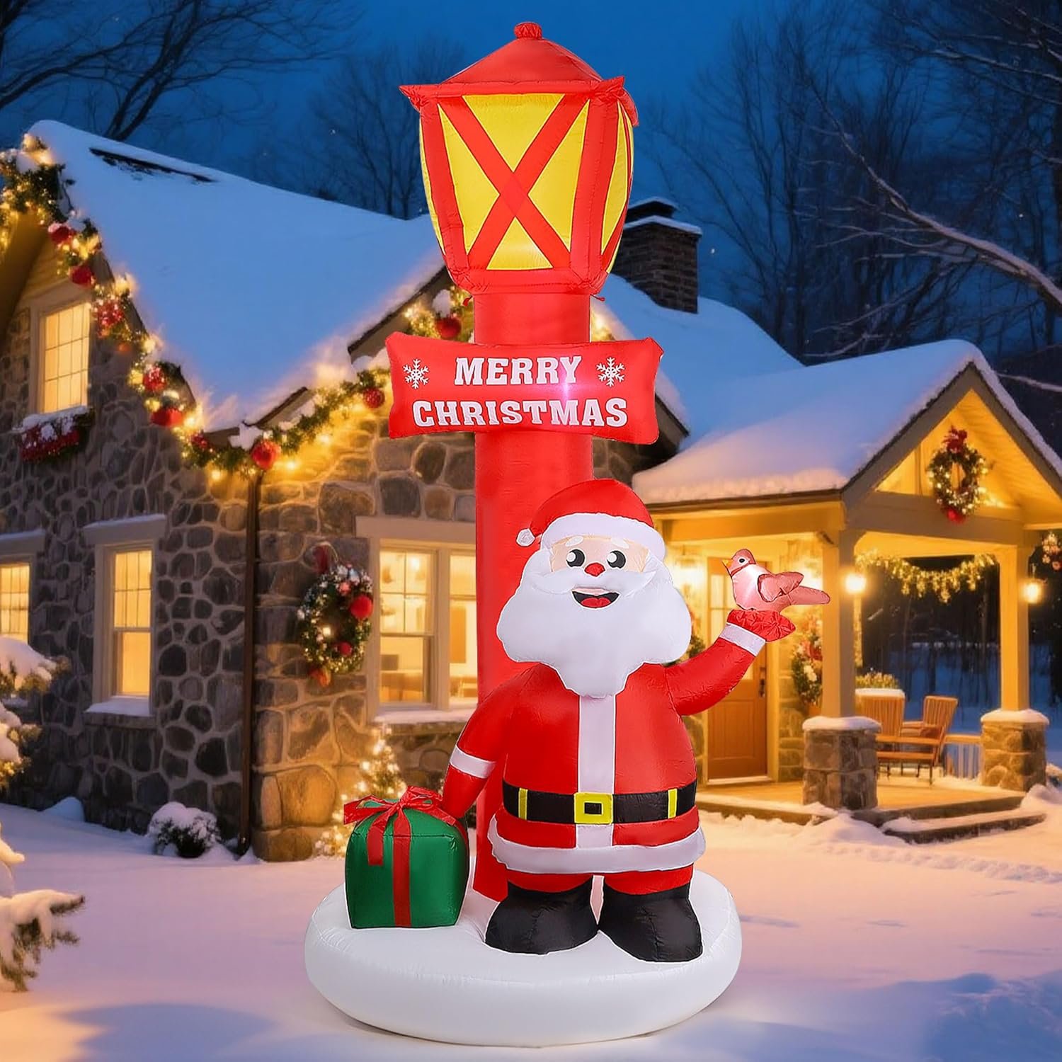8FT Christmas Inflatable Yard Decoration, Giant Blow Up Lighthouse with Santa and Redbird with Built-in LED Lights for Front Door Lawn Garden Holiday Display Indoor Outdoor Decor