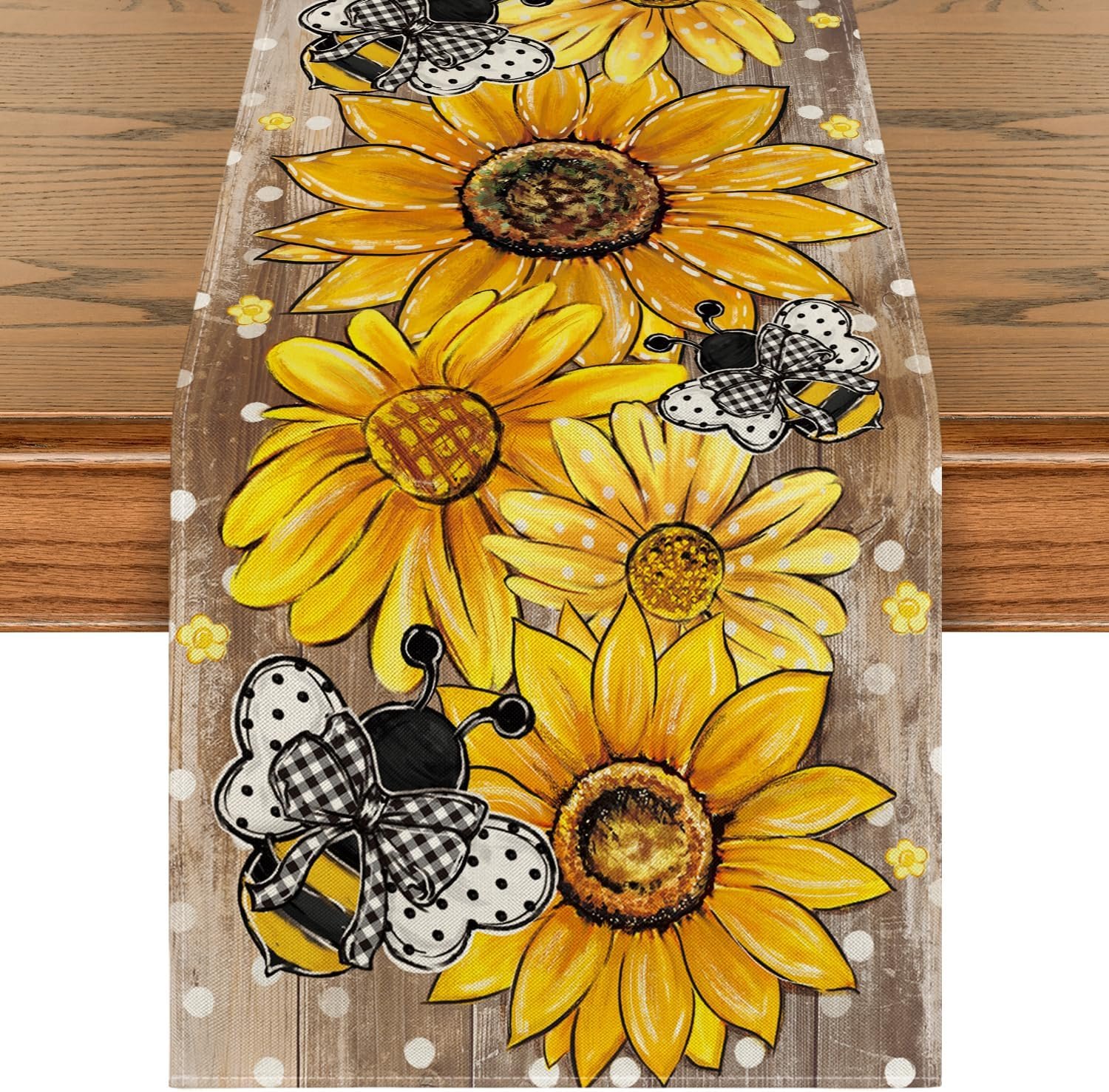 Artoid Mode Wood Sunflower Bee Flower Polka Dot Summer Table Runner, Seasonal Kitchen Dining Table Decoration for Indoor Party Home 13×72 Inch