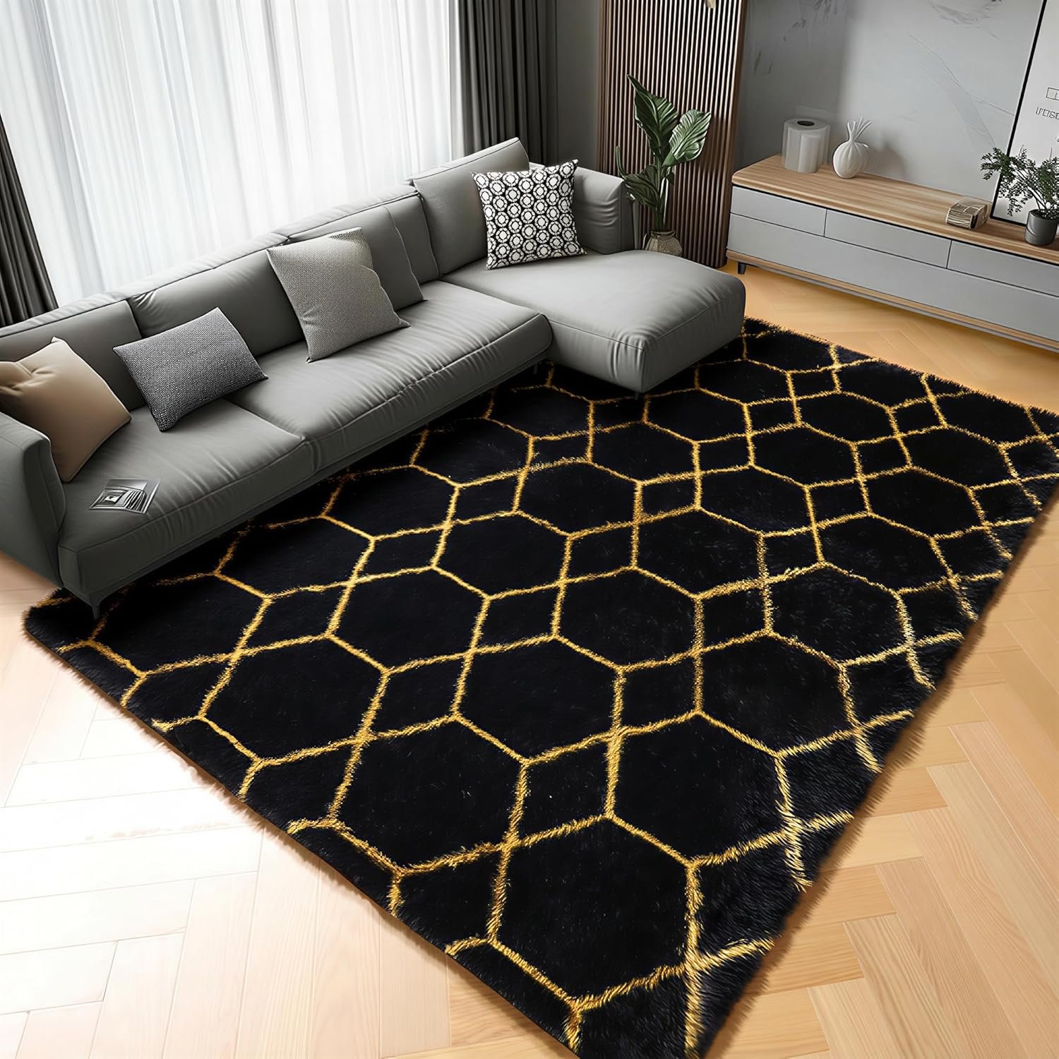 ONASAR 5×8 Rugs for Living Room Bedroom, Fluffy Black and Gold Area Rug, Geometric Boho Soft Plush Shaggy Floor Carpet Mat for Nursery Kids Girls Boys Teen Dorm Home Decor Aesthetic