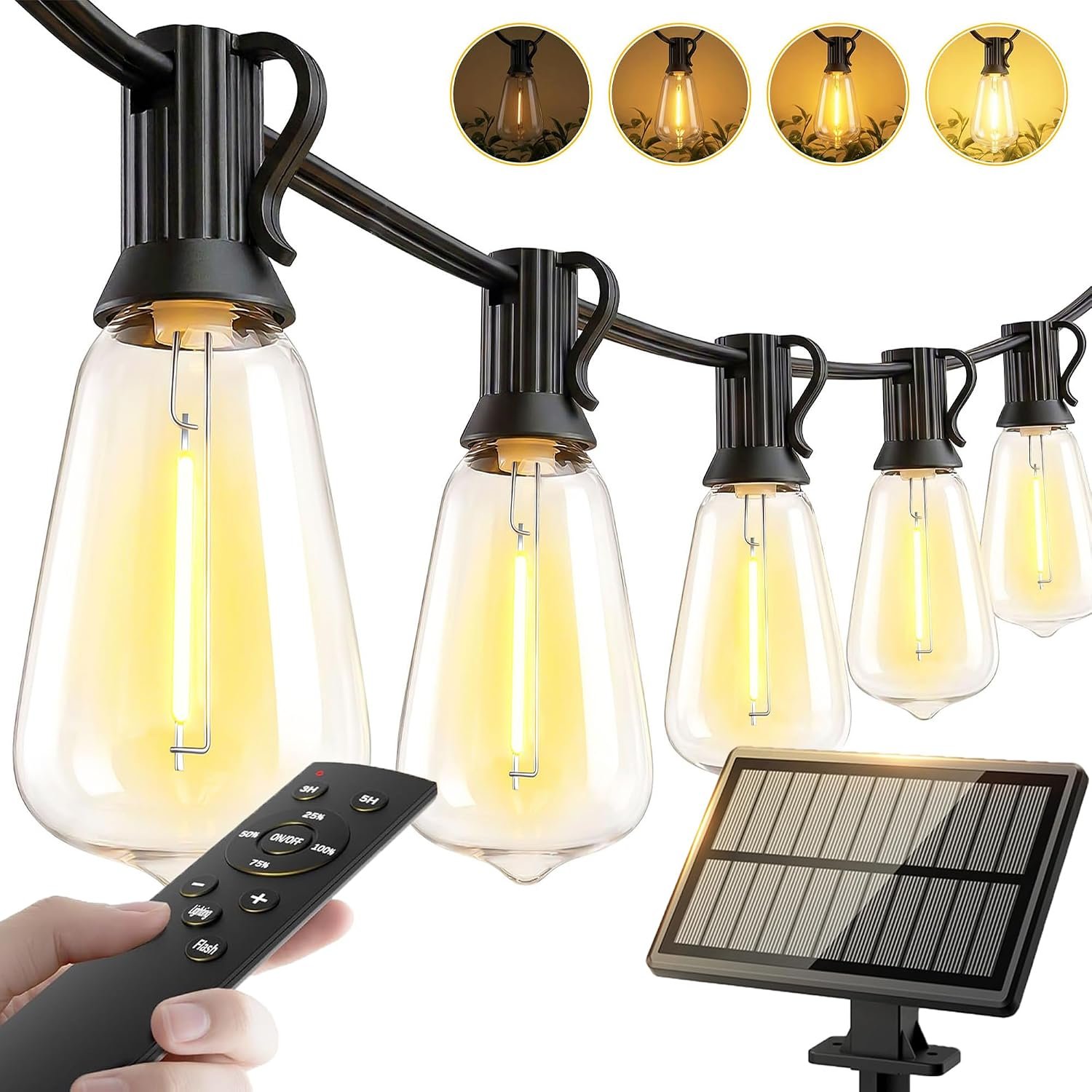 65ft-Solar-String-Lights-Outdoor-Waterproof-Solor-Powered-Patio-Light-Hanging-Outside-Backyard-Camping-Yard-Gazebo-Garden-Pergola-Bistro-Balcony-Cafe-Party-Fence-Lighting-LED with Edison Bulb & Remote