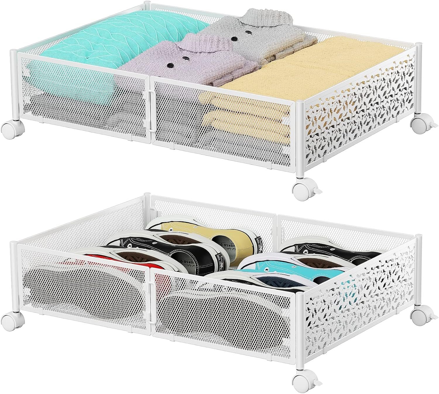 Under Bed Storage, Under the Bed Storage Containers with Wheels, Under Bed Shoe Storage Organizer Drawer, Tool-free Assembly Metal Underbed Storage for Bedroom Clothes Shoes Blankets-2 Pack White