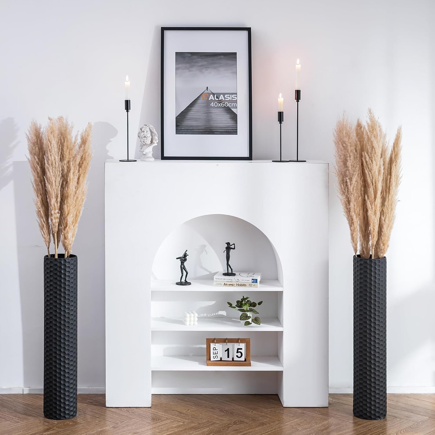 Sziqiqi Black Tall Floor Vase: 27.6in Metal Modern Cylinder Floor Vases for Fireplace with Honeycomb Texture – Set of 2 Large Decorative Vase Home Decor for Living Room Bedroom Home Corner Indoor