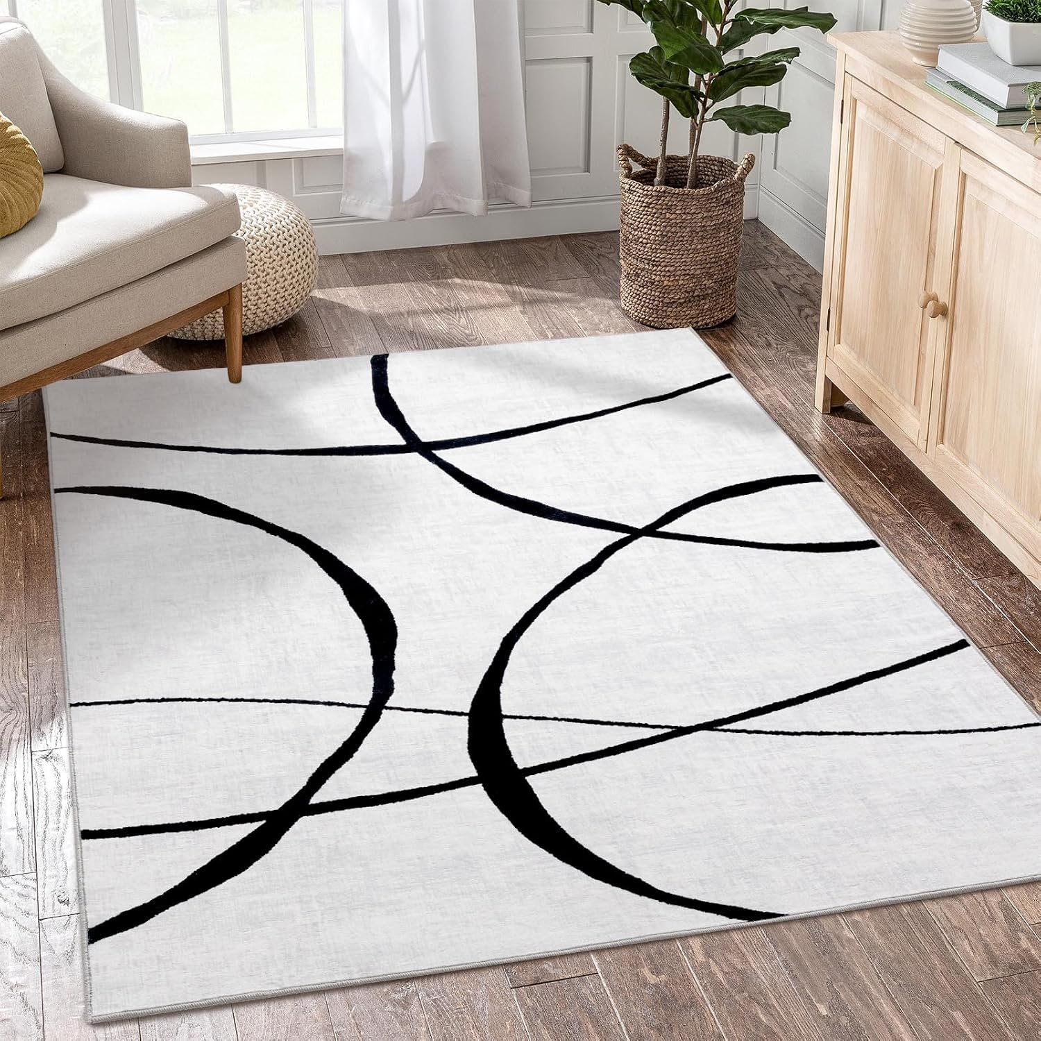 YIHOUSE 5×7 Washable Modern Abstract Black White Area Rug | Ultra-Thin Low Pile, Non-Slip TPE Backing, Soft Stain Resistant, Machine Washable, for Bedroom Livingroom High Traffic