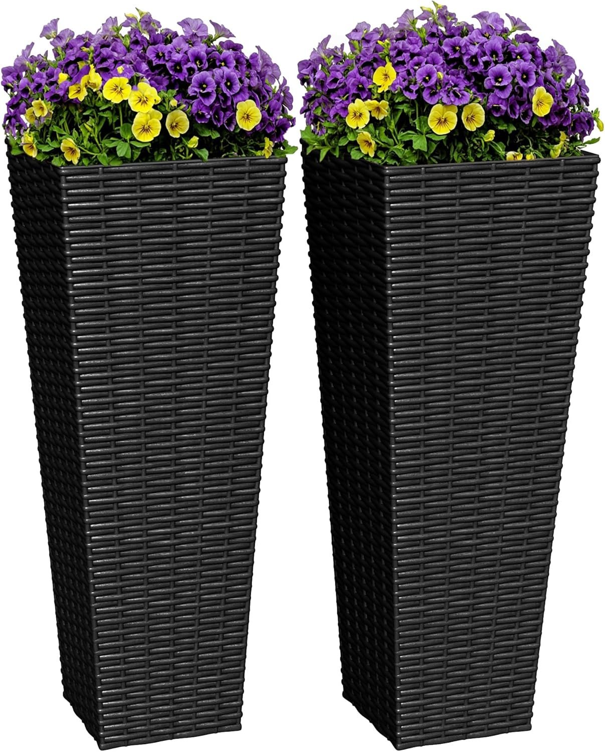 Greesum 24 Inch Tall Plastic Planters with Rattan Texture – Set of 2, Detachable Inner Pot & Drainage Holes, Indoor/Outdoor Decorative Flower Pots for Large Plants, Trees, Patio, and Garden, Black