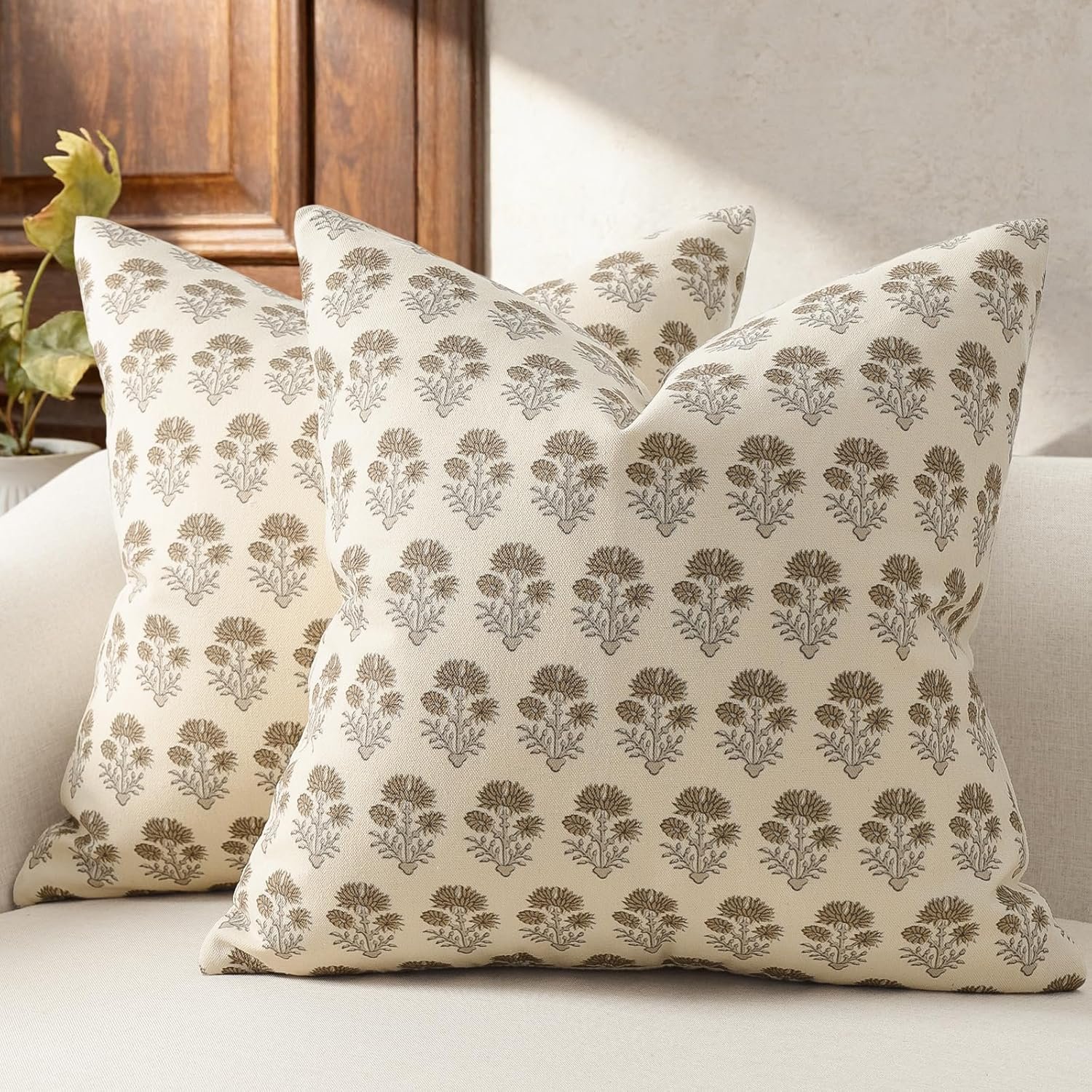 Farmhouse Floral Pillow Covers 18×18 Set of 2, Country Botanical Throw Pillow Cover for Sofa Couch Bed Living Room, Rustic Vintage Flower Cushion Covers Cottage Home Decor,Vintage Walnut