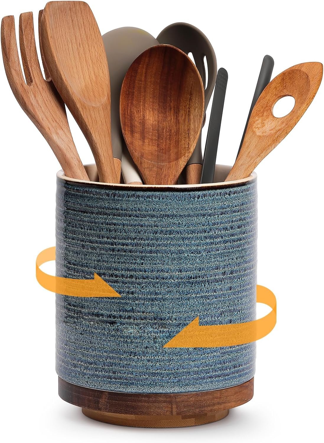 DOWAN 360° Rotating Extra Large Cooking Utensil Holder, 7.6″ Kitchen Utensil Holder for Countertop, Utensil Crock for Farmhouse Kitchen Decor, Ceramic Stable Utensil Caddy, Blue
