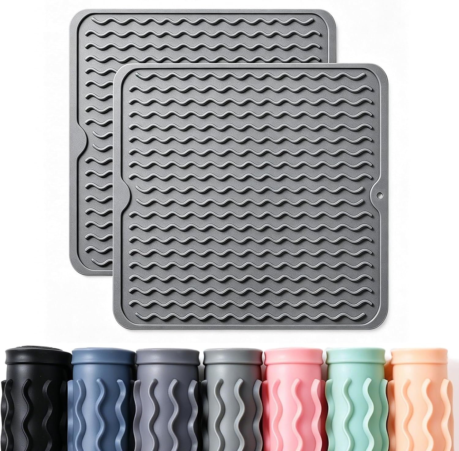 2 Pack Caketime Silicone Dish Drying Mat for Kitchen Counter Coffee Bar Accessories Heat Resistant Waterproof Dining Under Sink Organizers Utensil Holder Decor Must Haves 12″x12″ Gray