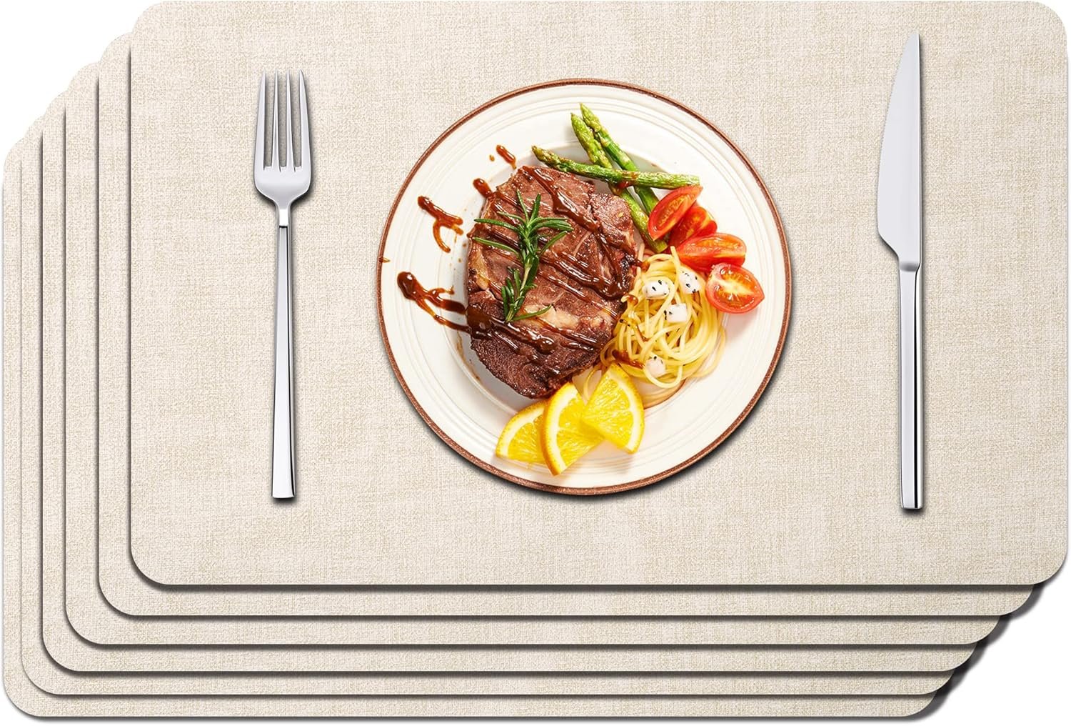 Maxpearl Faux Leather Placemats Set of 6 – Waterproof – Wipe Clean – Heat Resistant – Anti Slip Dining Table Place Mats, Suitable for Indoor & Outdoor Use, 17’’×12’’, Beige