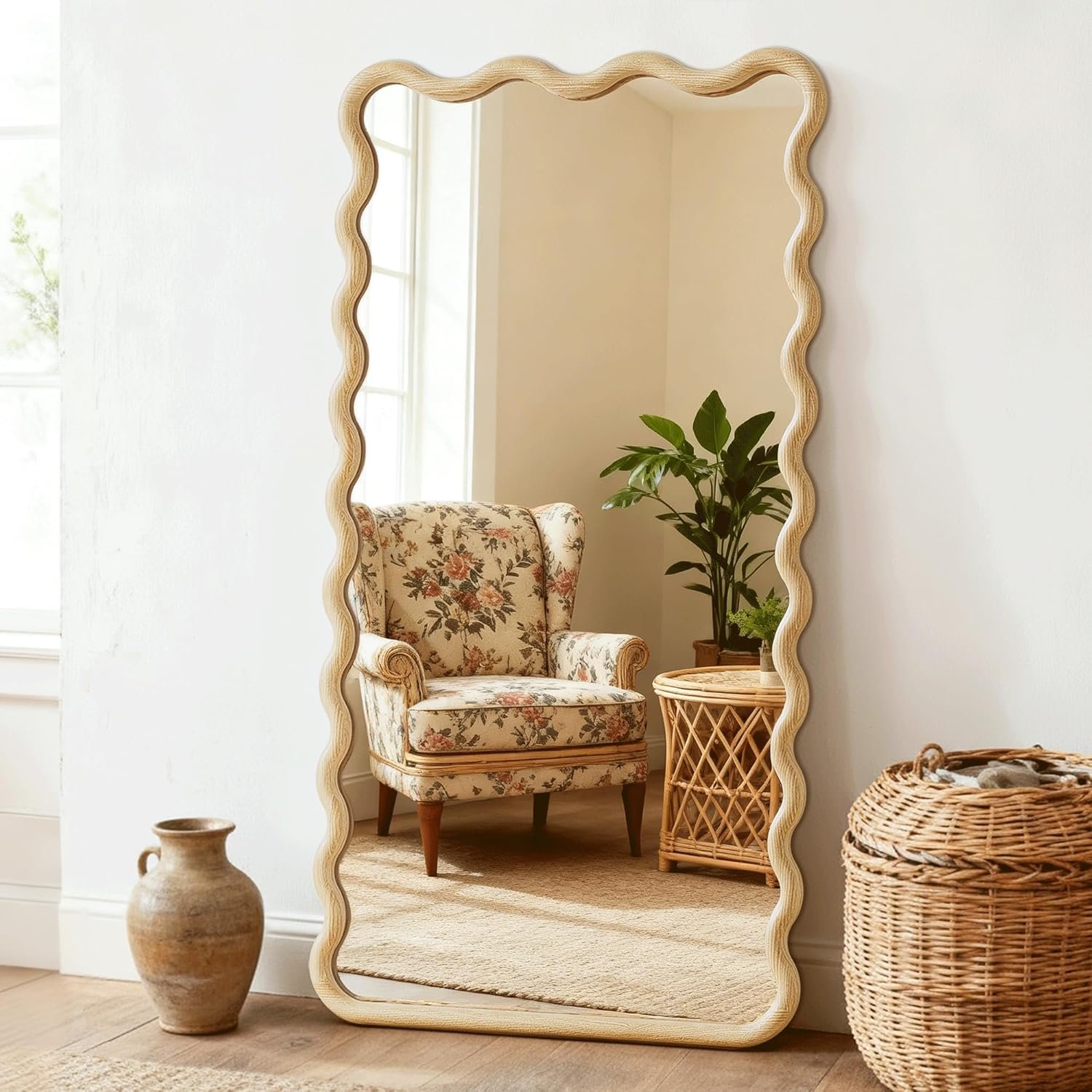 Full Length Mirror, 55″x28″ Boho Wavy Wood Floor Mirror, for Bathroom, Bedroom, Living Room, Cloakroom, Entryway