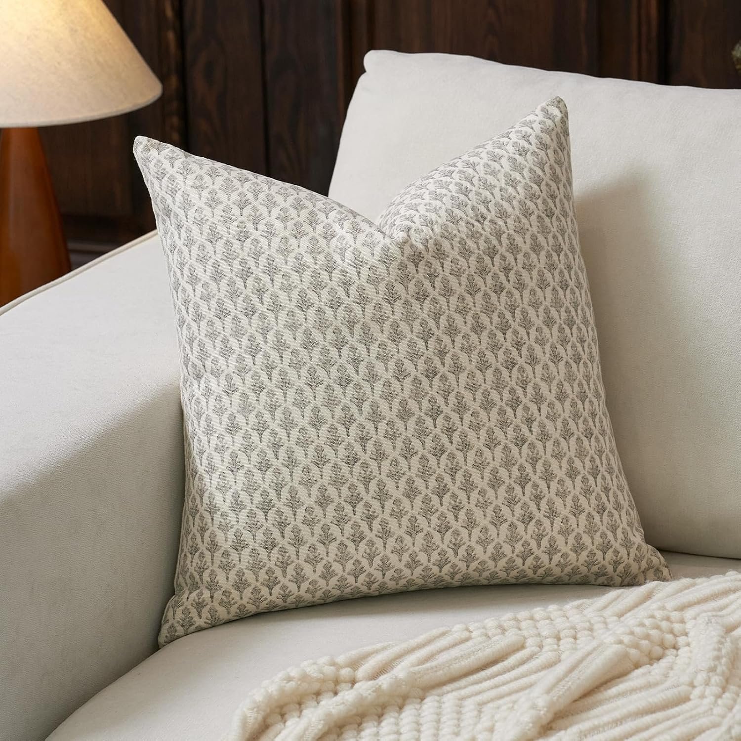 FIOUOVO Floral Pillow Covers 18×18 Pillow Cover Block Print Couch Pillows for Living Room Decorative Neutral Accent Throw Pillow Covers, 1PC, Light Taupe
