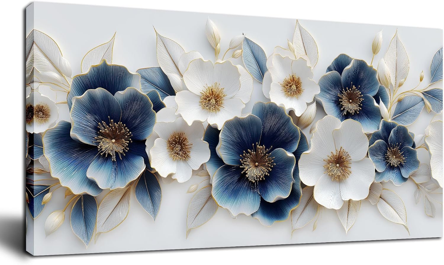 Large Canvas Wall Art for Living Room Blue and White Floral Print Painting wall Decor for Bedroom Office Modern Home Botanical Framed Wall Decorations Artwork Size 20×40 Ready to Hang