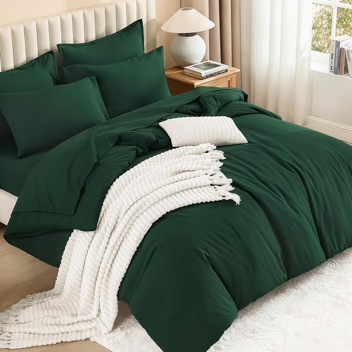 Litanika Queen Comforter Set Dark Emerald Green – 7 Pieces Bed in a Bag Queen Bedding Comforter Sets, Solid Lightweight Bed Set with Comforter, Sheets, Pillowcases & Shams