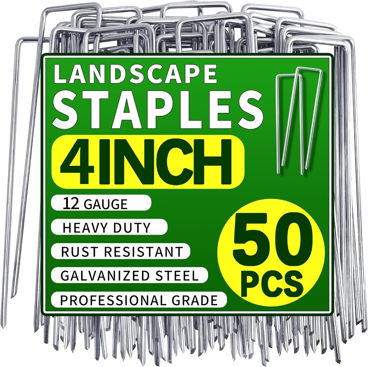 50 Pack Landscape Staples 4 Inch Garden Stakes Galvanized Garden Staples Pins Anti-Rust Ground Stakes for Weed Barrier, Irrigation Tubing, Landscaping Fabric, Yard Lawn