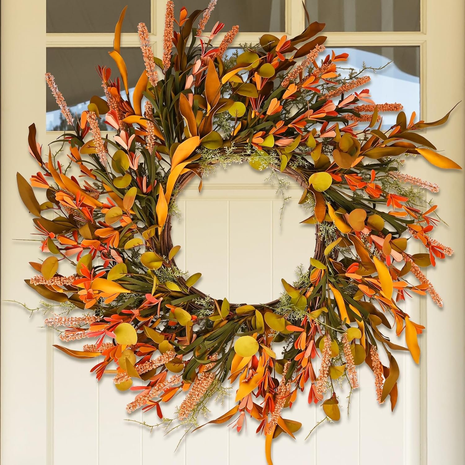 24″ Orange Flower Fall Wreath with Colorful Mixed Leaves, Autumn Eucalyptus Artificial Wreath for Thanksgiving Halloween Front Door Window Home Wall Farmhouse Holiday Outdoor Indoor Décor