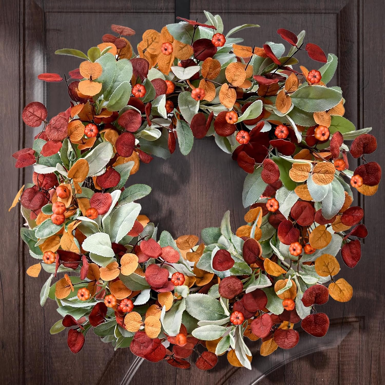 Waipfaru Fall Decor, 22 Inch Fall Wreaths for Front Door, Autumn Door Wreath with Lambs Ears Leave Eucalyptus Leaves Pumpkin Thanksgiving Harvest Halloween Farmhouse Home Outdoor Porch Indoor Decor