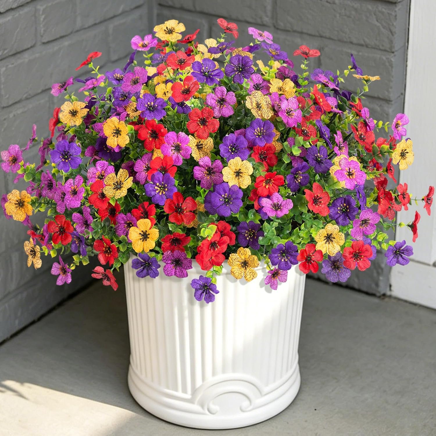 Ammyoo Artificial Flowers for Outdoors Potted Spring Decor, 12 Bundles Fake Summer Daisy with Realistic Eucalyptus Leaves, Faux Plants for Greenery Boxwood Porch Patio Garden Pot Lawn