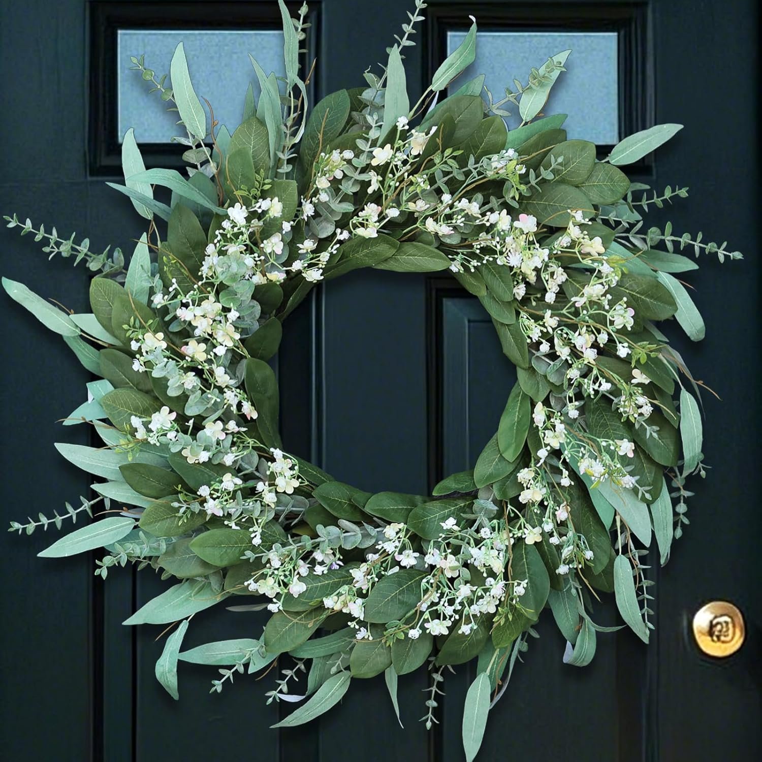 26” Eucalyptus and Babys Breath Flowers Wreath for Front Door – Large Artificial Greenery Outdoor Wreath for Porch,Window,Farmhouse,Home,Hanging Decor- Spring, Summer, All Seasons (Green-White)