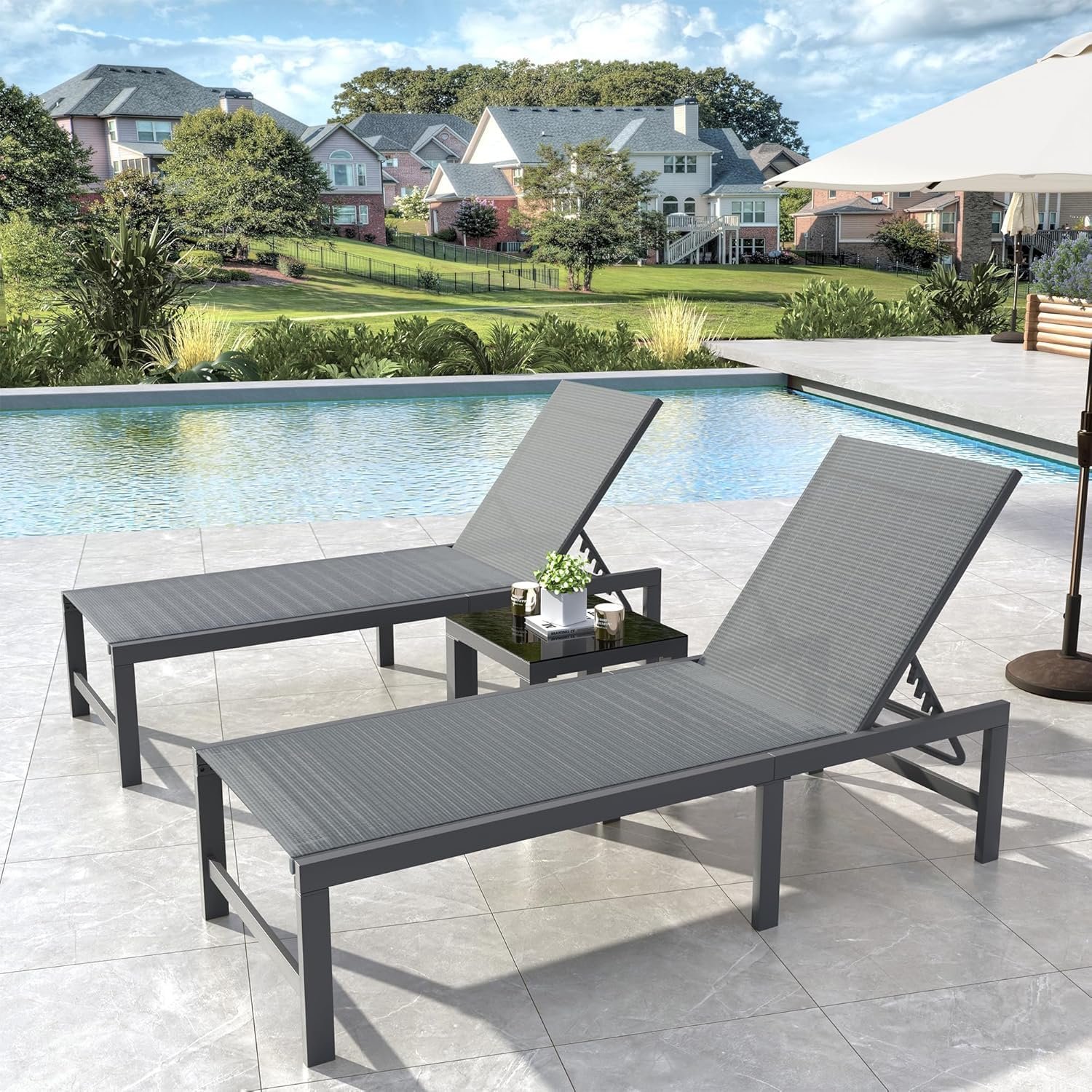UDPATIO Outdoor Chaise Chairs & Table 3 Pieces Pool Lounge Chair, Adjustable Poolside Sunloungers Lay Flat Sunbathing Chaise with Backrest for Patio, Beach, Yard, Pool