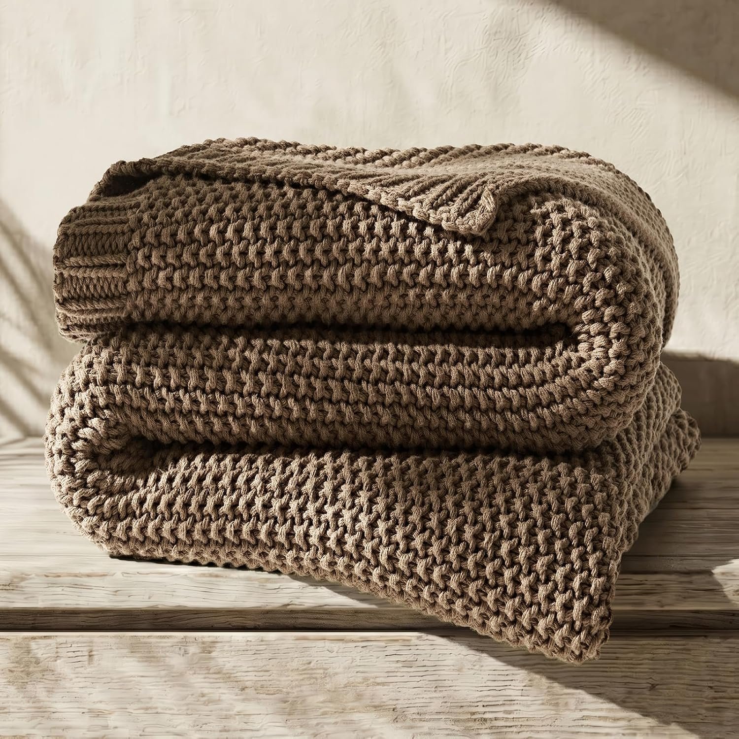 EverGrace Organic Cotton Chunky Knit Throw Blanket, 50 x 60 Stone Taupe | OCS Certified Organic Cotton, Seed Stitch Knit, Soft & Breathable, Cozy Midweight, Decorative Throw for Couch, Bed & Sofa