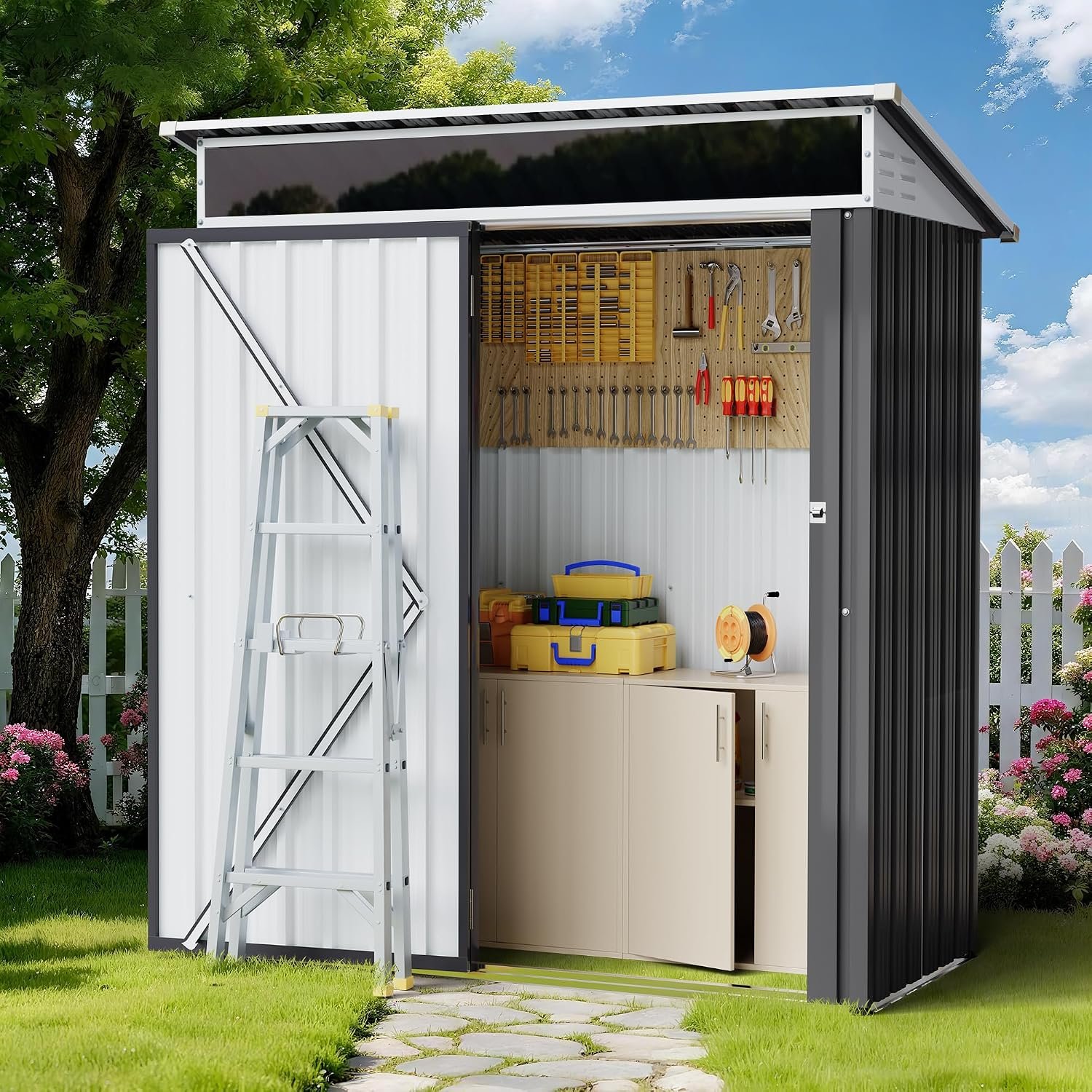 Shintenchi 5×3 FT Outdoor Storage Shed with Window, Outdoor Waterproof Storage Shed Metal Garden Shed with Lockable Single Door,Weather Resistant Tool Storage House Shed for Garden,Backyard,Steel Gray