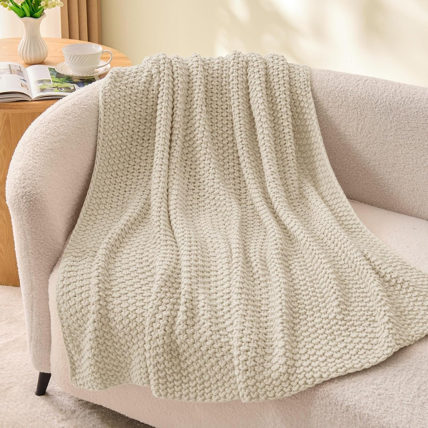 BEDELITE Cozy Chunky Cable Knit Throw Blanket for Couch | 100% acrylic,soft warm for all season,machine washable,woven blanket for room home decor,ideal gift,50*60 throw,beige