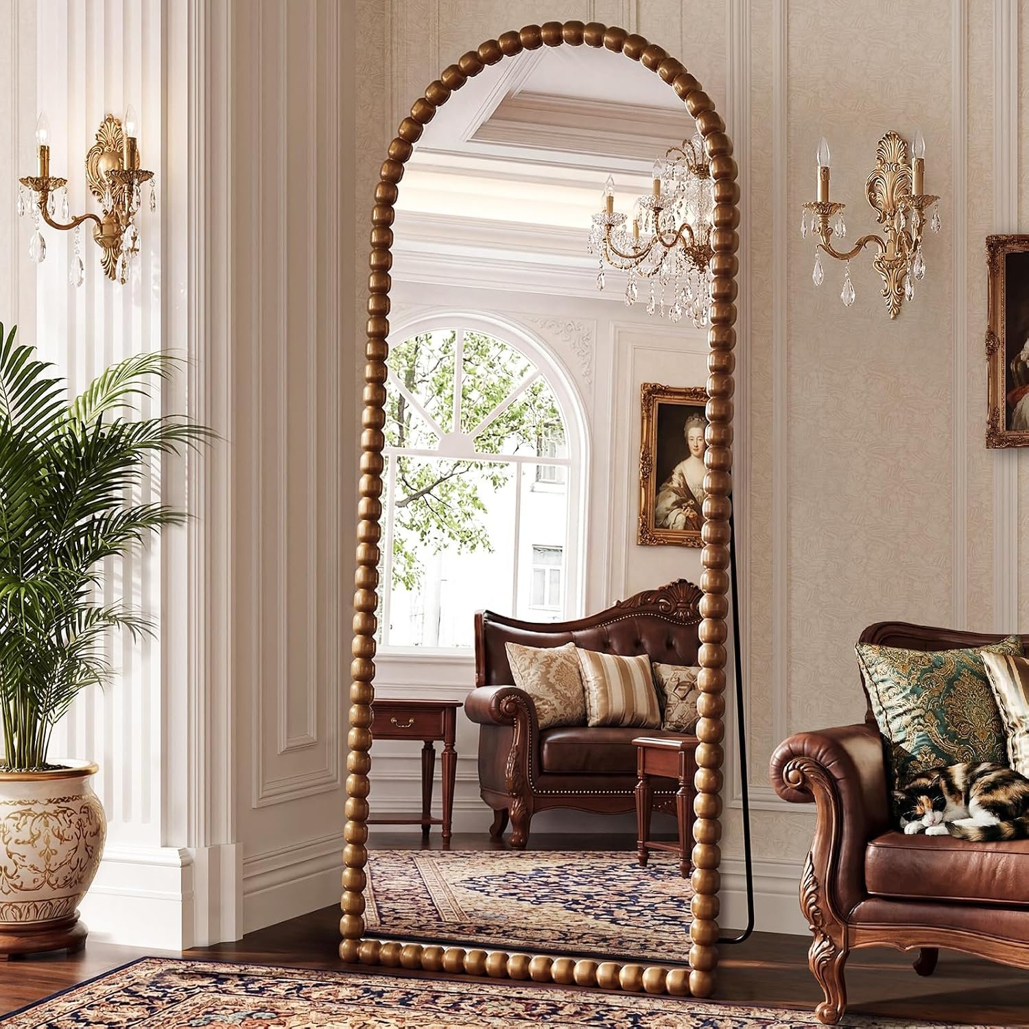 Vintage Full Length Mirror with Stand, 71×28 Inch Arched Beaded Full Body Mirrors, Large Floor Mirror Standing Mirror Full Length Wall Mounted Decor for Bedroom Living Room Cloakroom, PU Frame, Brown
