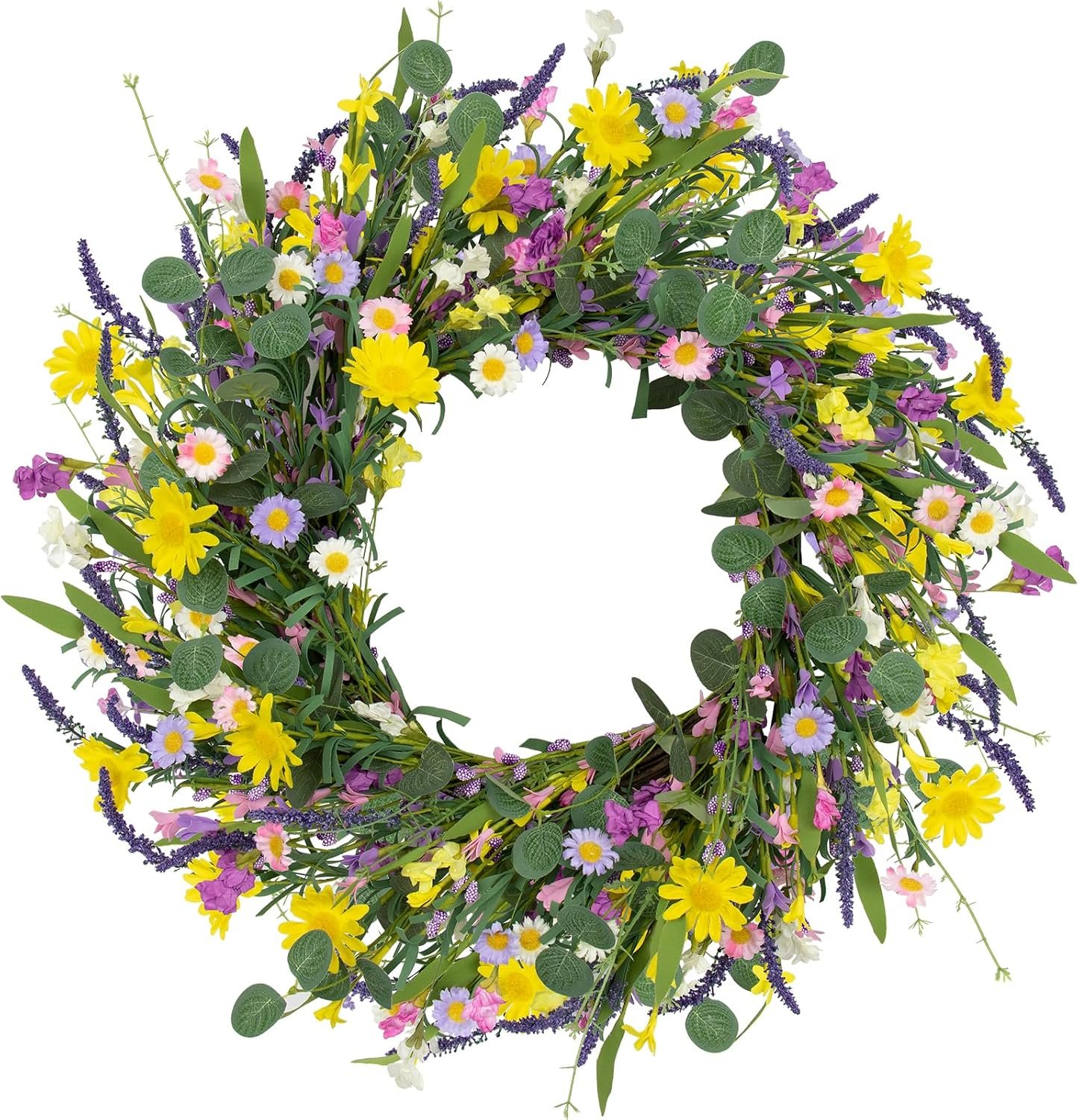 LLZLL Spring Decorations for Home 22″ Spring Wreath Artificial Summer Wreaths with Eucalyptus Leaf Lavender and Daisy for Easter Indoor Outdoor Home Festival Celebrations