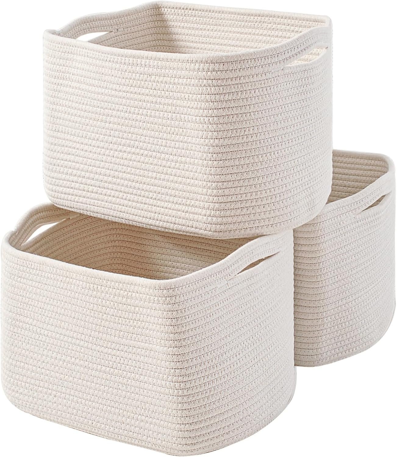ICERZCZ Storage Baskets for Organizing Shelves, Woven Cotton Rope Bins for Baby Nursery Organization, Book Toy Towel Organizer, 15″x11″x9.5″, 3 Packs, Off White