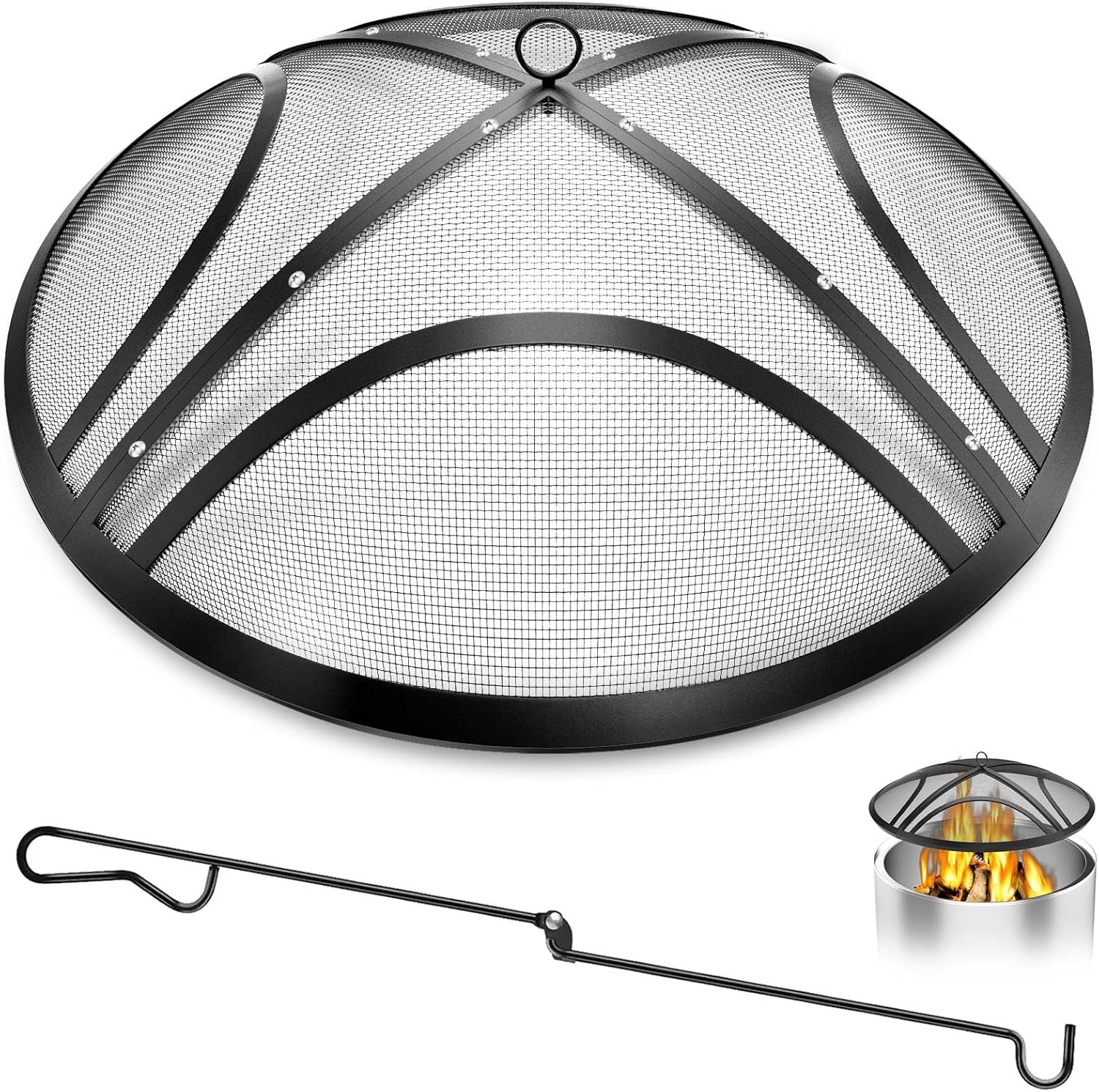 Fire Pit Spark Screen, 22 Inch Outdoor Fire Pit Screen with Handle & Poker, Heavy-Duty Steel Fire Pit Cover Round Mesh Replacement Firepit Screen for Backyard/Beach/RV Camping