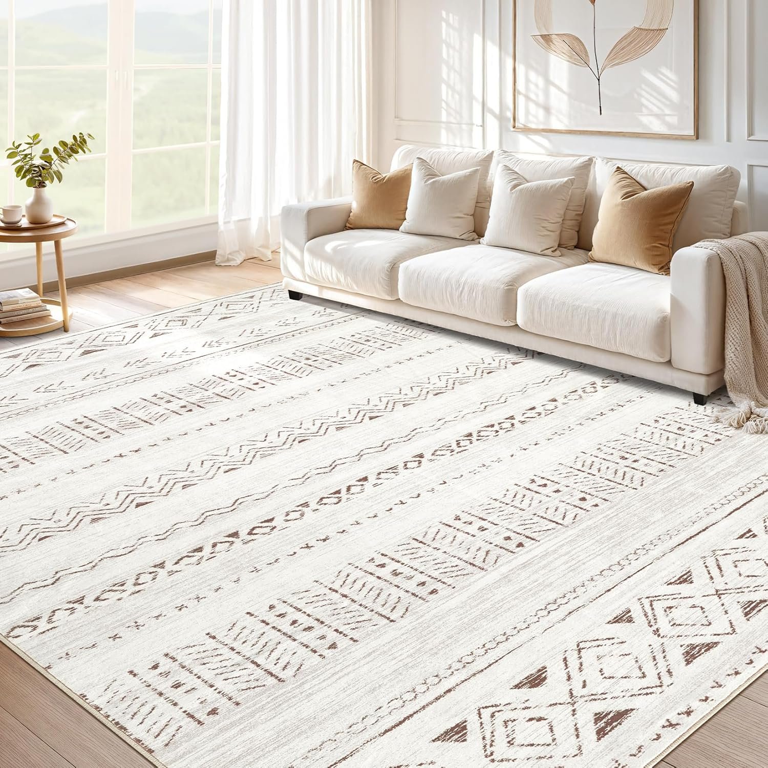 cotiled 5×7 Area Rugs Living Room Rug: Washable Boho Rugs with Non Slip Backing Large Soft Indoor Stain Resistant Carpet for Bedroom Farmhouse Dining Room Lightweight Home Decor Brown/Cream