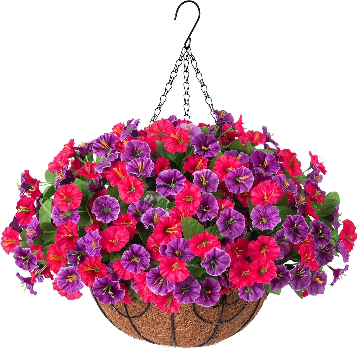 Ammyoo Artificial Fake Hanging Flowers with Basket, Faux Silk Morning Glory Flower Arrangement for Spring Summer Decor, Hanging Plant for Patio Garden Porch Outdoor Decor