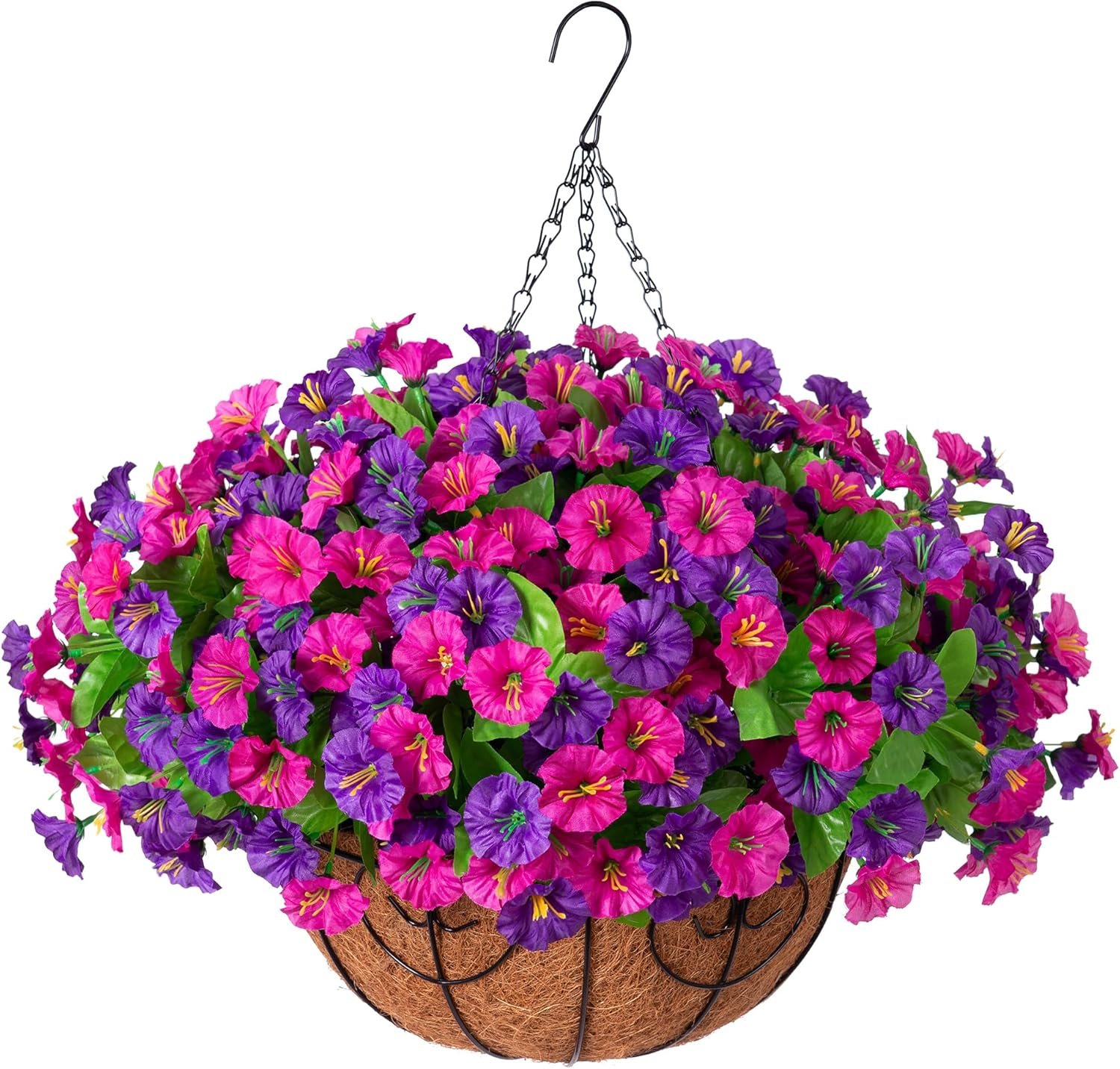 Ammyoo Artificial Fake Hanging Flowers with Basket, Faux Silk Morning Glory Flower Arrangement for Spring Summer Decor, Hanging Plant for Patio Garden Porch Outdoor Decor