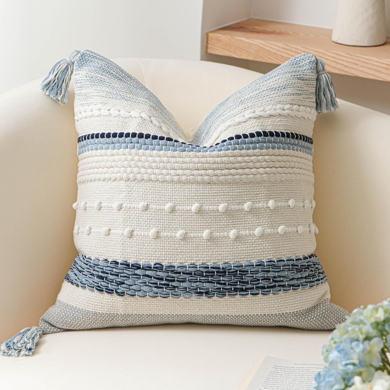 BlissBlush Coastal Blue Boho Decorative Throw Pillow Cover 20×20 Modern Bohemian Accent Pillow Case Square Woven Textured Farmhouse Pillows for Couch Bed (Pack of 1)