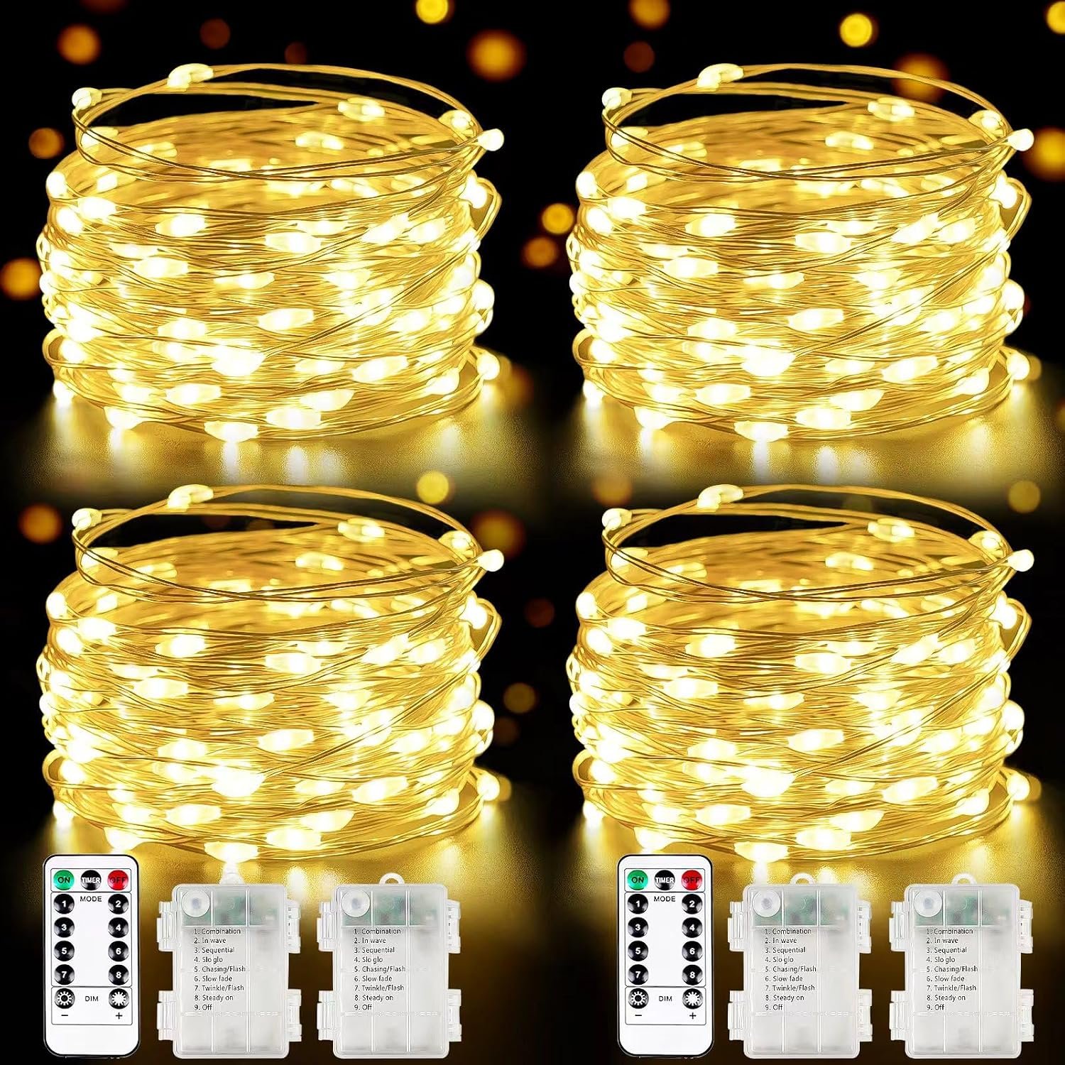 4 Pack Fairy Lights Battery Operated with Remote 33FT 100 LED Warm White | 8 Modes, Timer, Dimmable, Memory, Cuttable and Bendable, Waterproof String Light for Indoor Outdoor Christmas Tree Home Decor