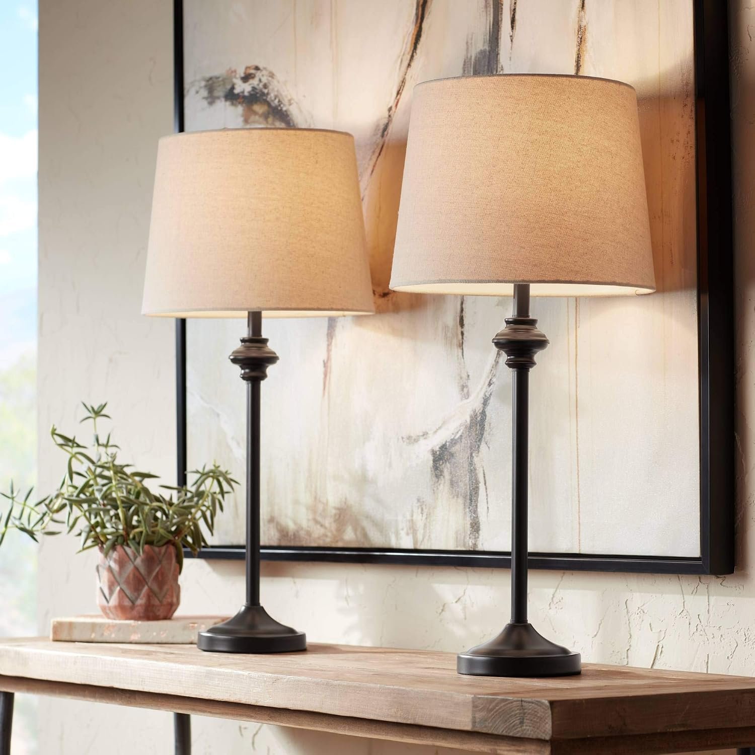 360 Lighting Lynn Modern Industrial Buffet Table Lamps 26″ Tall Skinny Set of 2 Dark Bronze Brown Metal Oatmeal Fabric Drum Shade for Living Room House Home Dining Office Entryway Family Decor