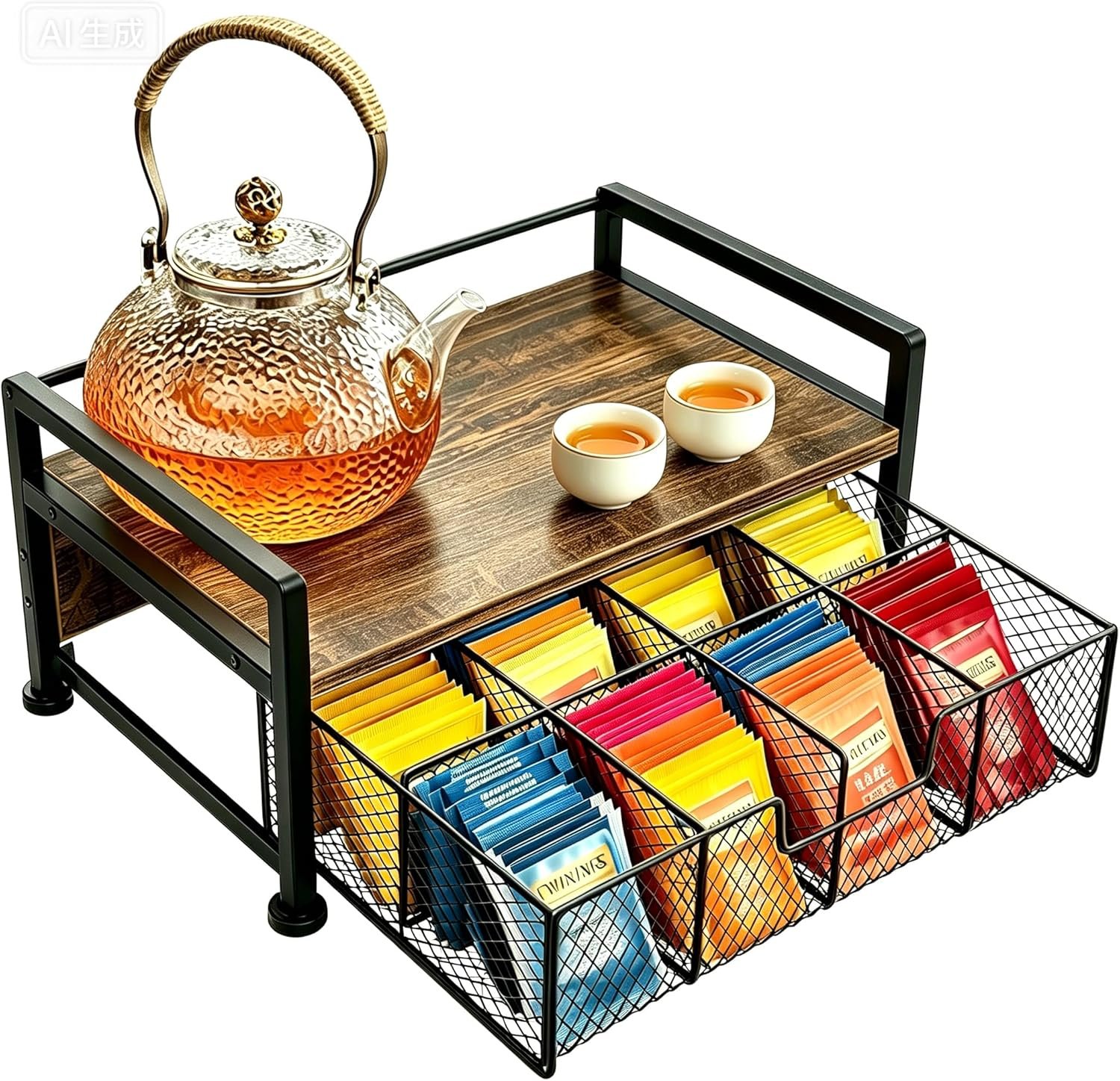 Tea Bag Organizer for Kitchen Countertop, Wooden Tea Box Organizer with Drawer and Top Tray, Tea Station Organizer, Tea Bag Holder and Tea Storage Box for Coffee Bar, Pantry, Rustic Brown