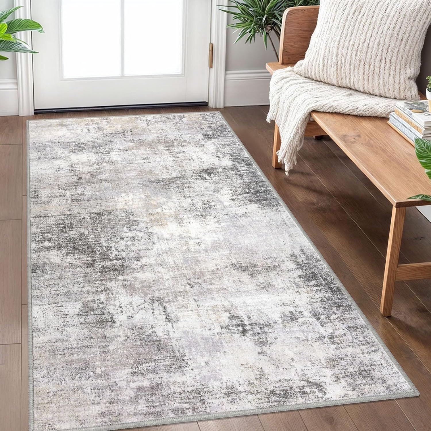 IOHOUZE Abstract Area Rug 3×5 Ft Washable Rugs for Entryway Indoor, Non Slip Kitchen Rug Printed Faux Wool Throw Rugs, Indoor Door Mat for Door Entrance Foyer Living Room, Grey Beige