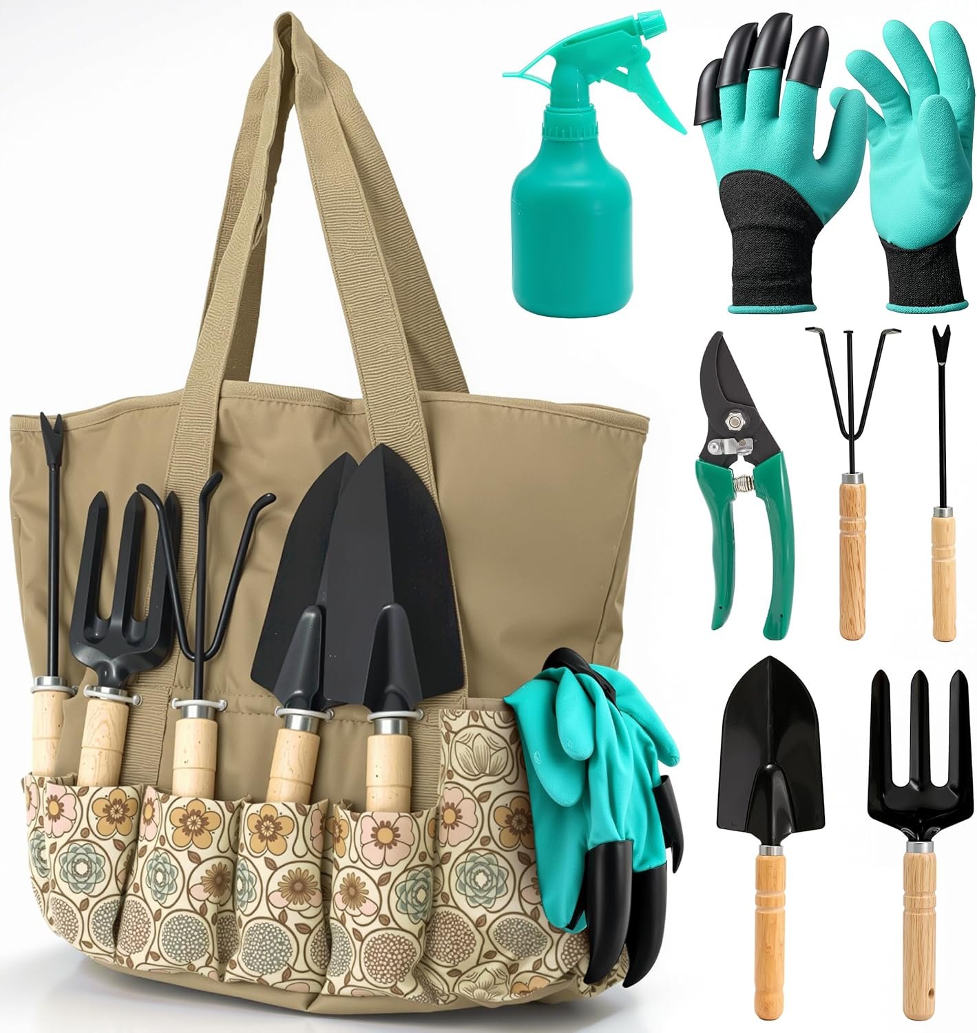 Scuddles Garden Tool Bag with 9 Piece Stainless Steel Gardening Kit | Includes Rust-Resistant Blades, Wooden Handles, Fingertip Claw Gloves & Reinforced Garden Bags | Landscaping and Planting Gift